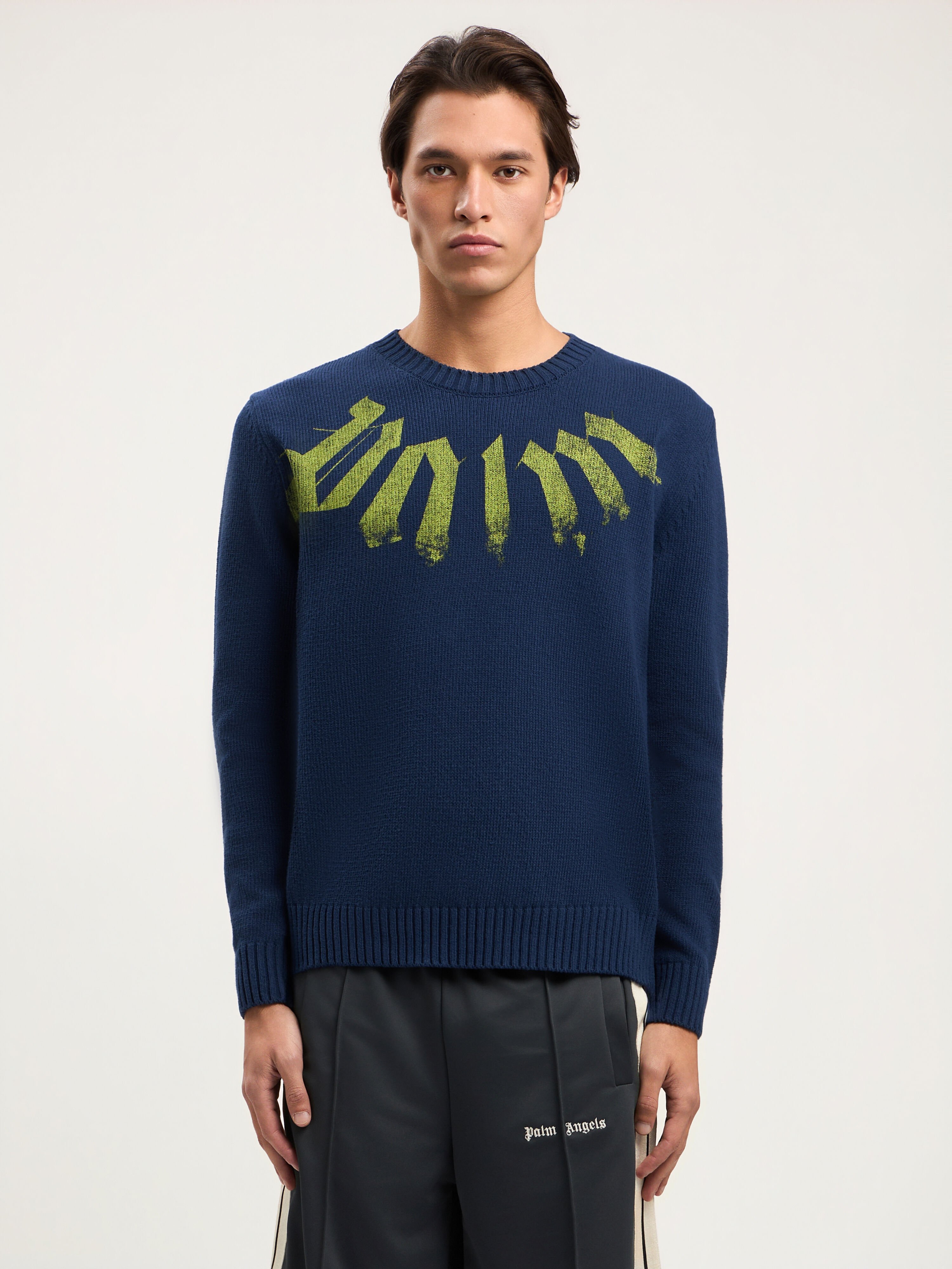 Big Neck Logo Sweater PALM ANGELS Big Neck Logo Sweater NAVY BLUE LIME PMHE08CS26KNI001