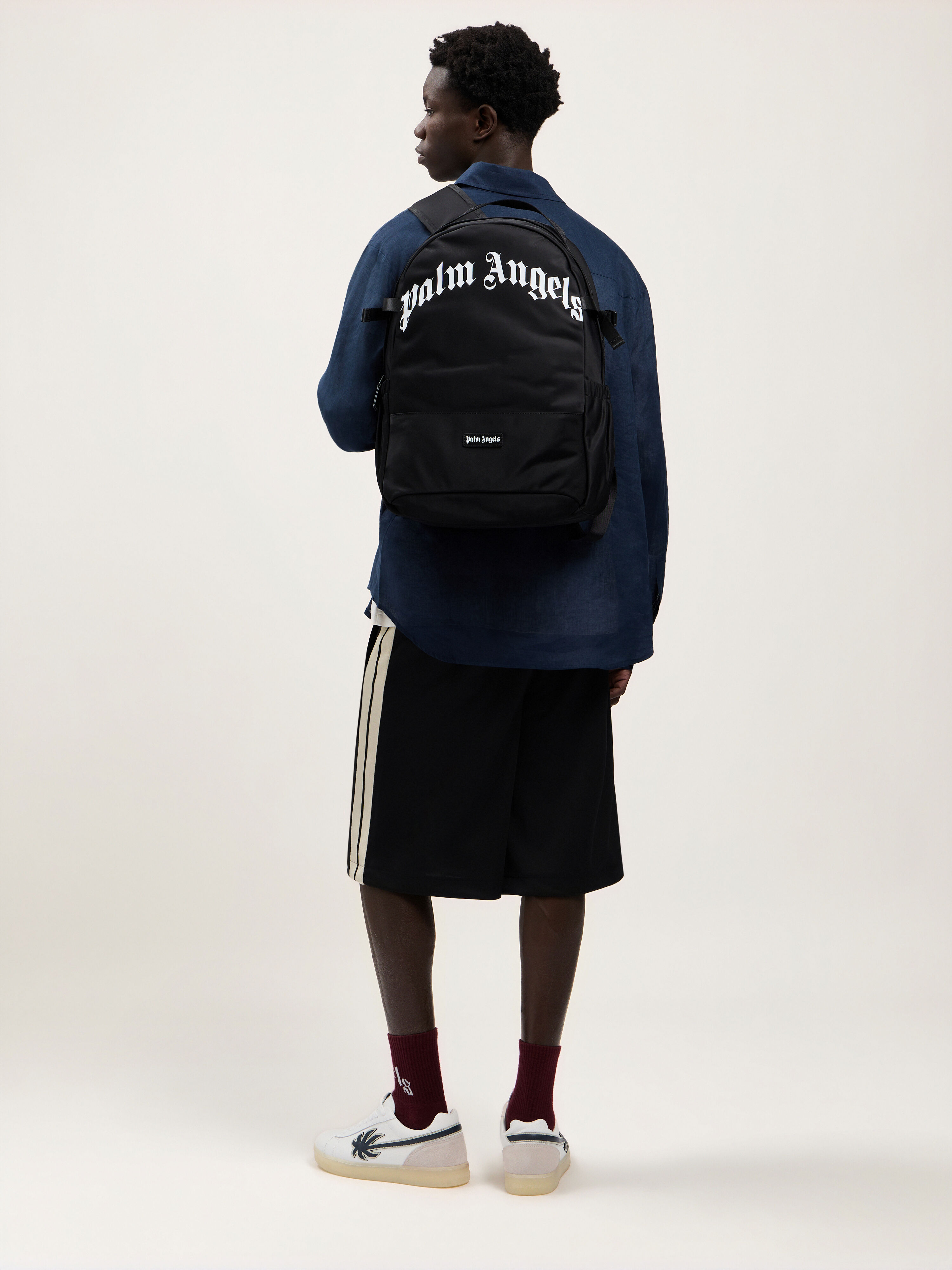 Curved Logo Backpack in BLACK WHITE for Men | Palm Angels®