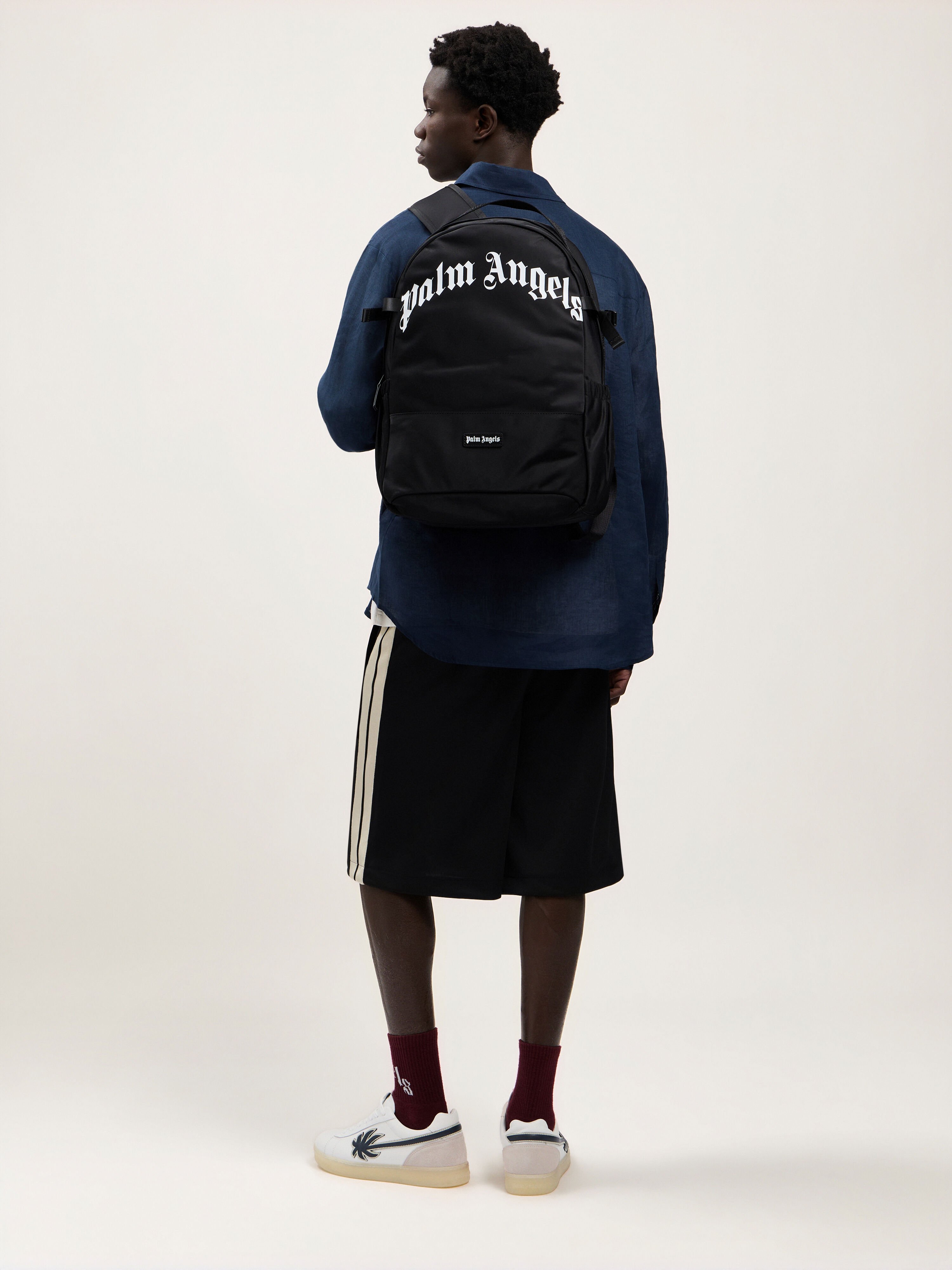 PALM ANGELS Curved Logo Backpack BLACK WHITE PMNB02IS26FAB001