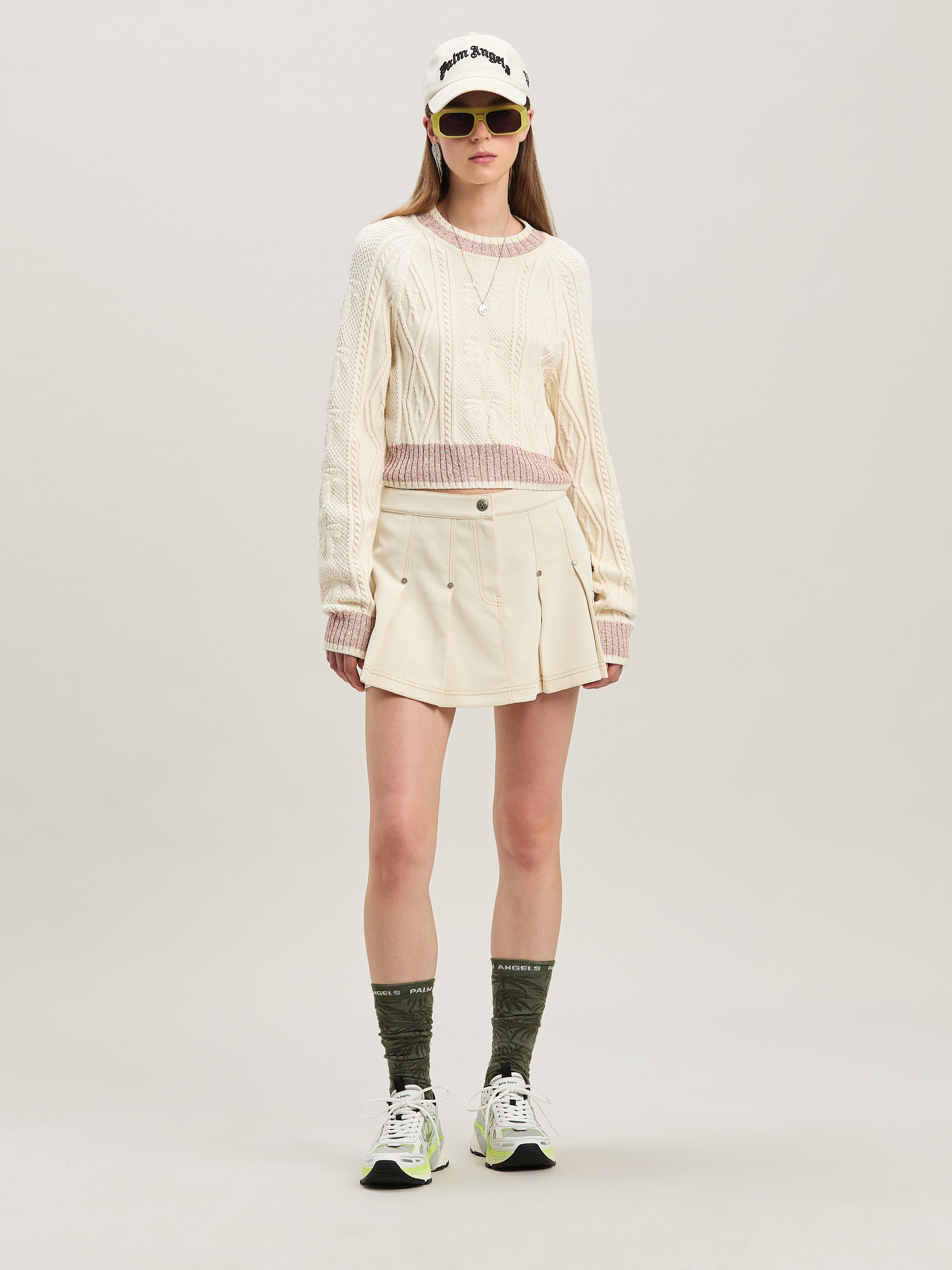 PALM ANGELS  Curved logo sweater OFF WHITE - FUCHSIA PWHE075S25KNI001