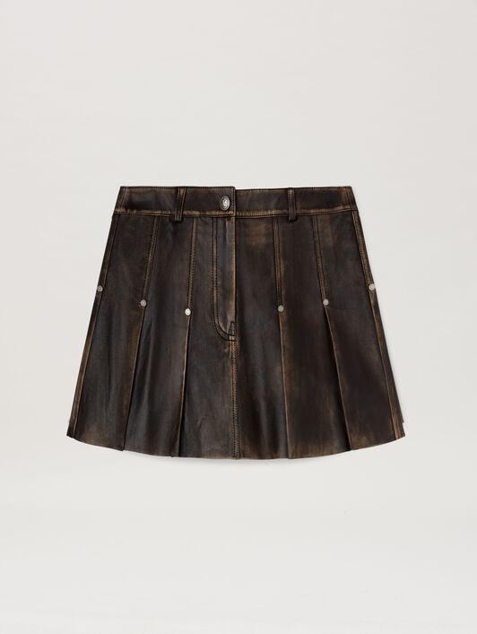 PALM ANGELS  Leder Minirock mit geschwungenem Logo BROWN - DARK BROWN PWJC011S25LEA001