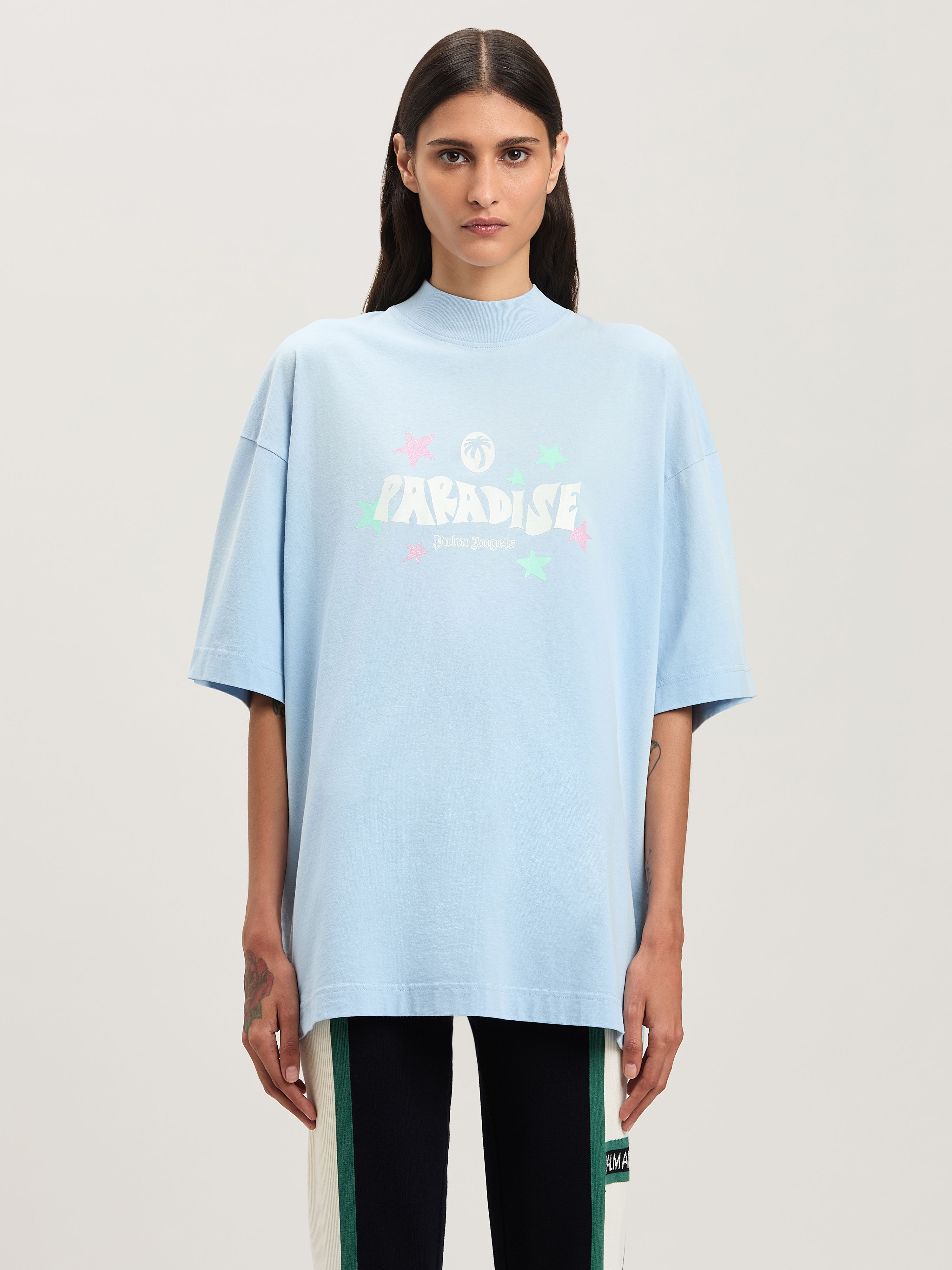 PALM ANGELS  Paradise Oversize T-shirt BABY BLUE - OFF WHITE PWAA017S25JER001
