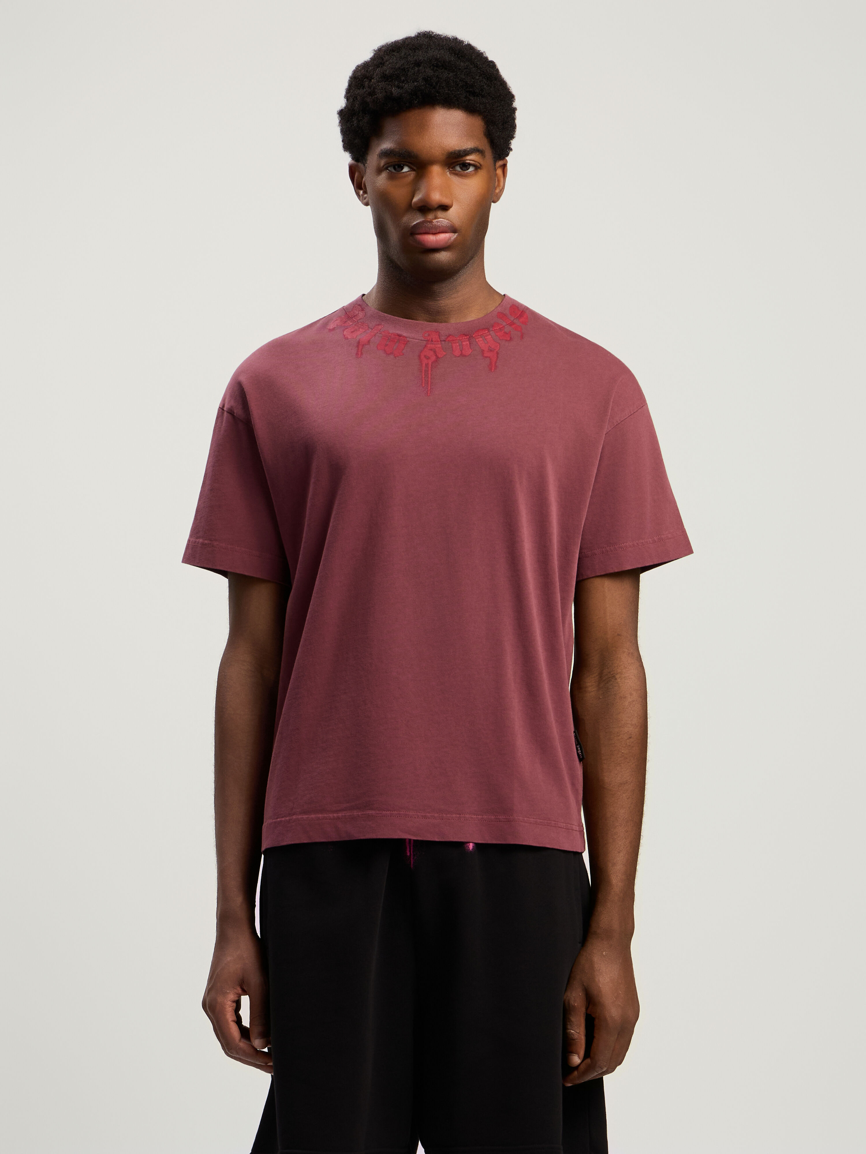 PALM ANGELS Neck Logo Regular T-Shirt BURGUNDY - RED PMAA109F25JER009