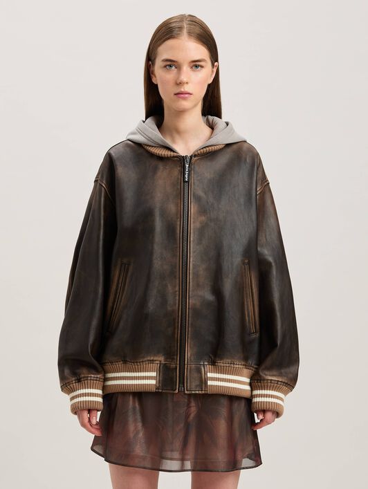 PALM ANGELS  Curved logo Leather Bomber MARRONE - MARRONE SCURO PWJA035S25LEA001