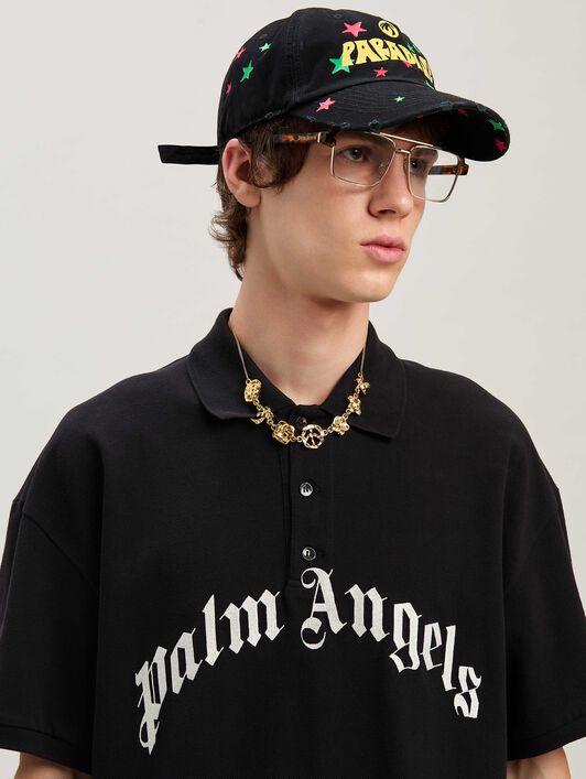 PALM ANGELS  Curved Logo polo shirt BLACK - OFF WHITE PMGB012S25FAB003
