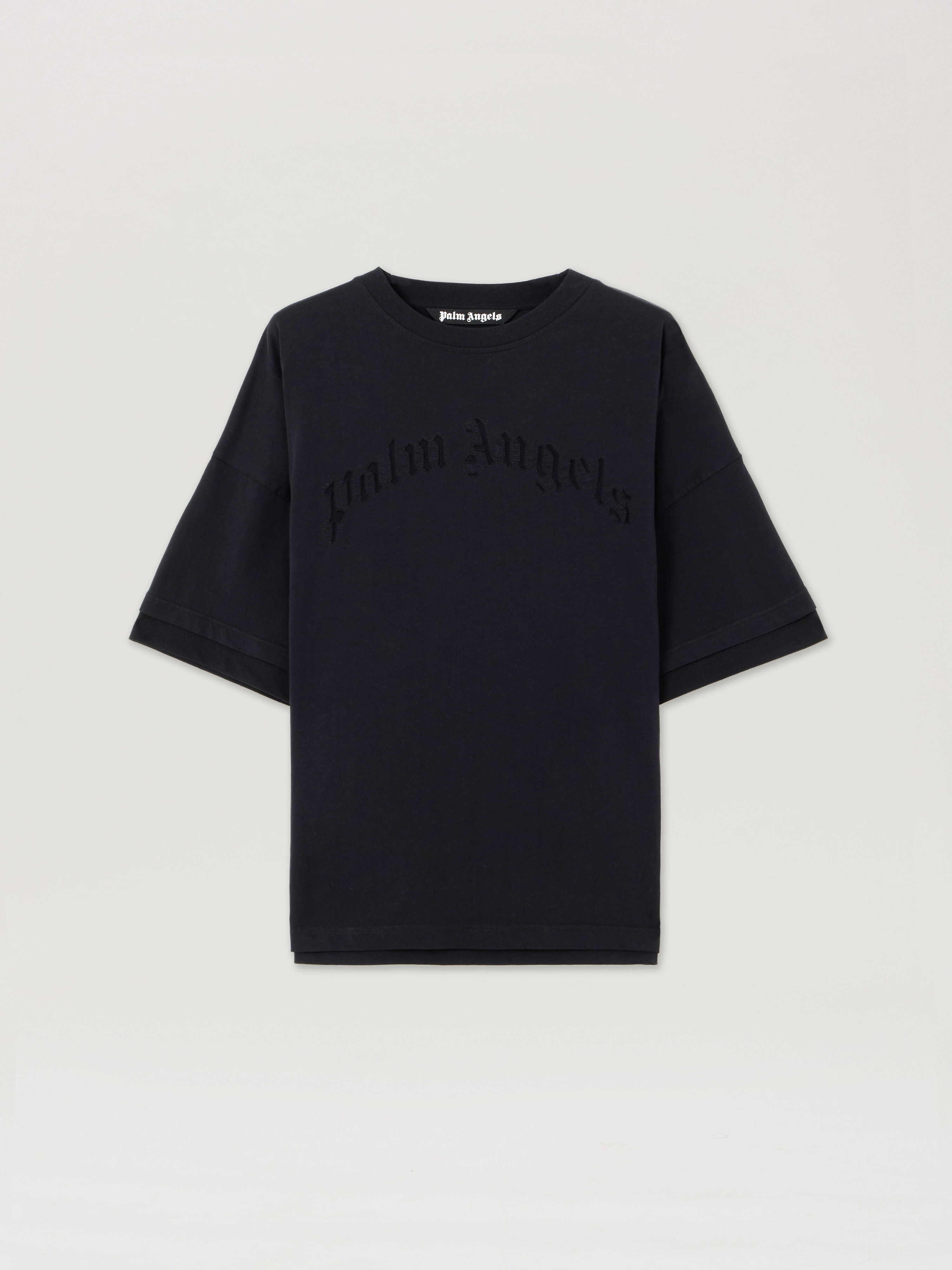 Curved Logo Loose Double T-Shirt in BLACK BLACK for Men | Palm Angels®