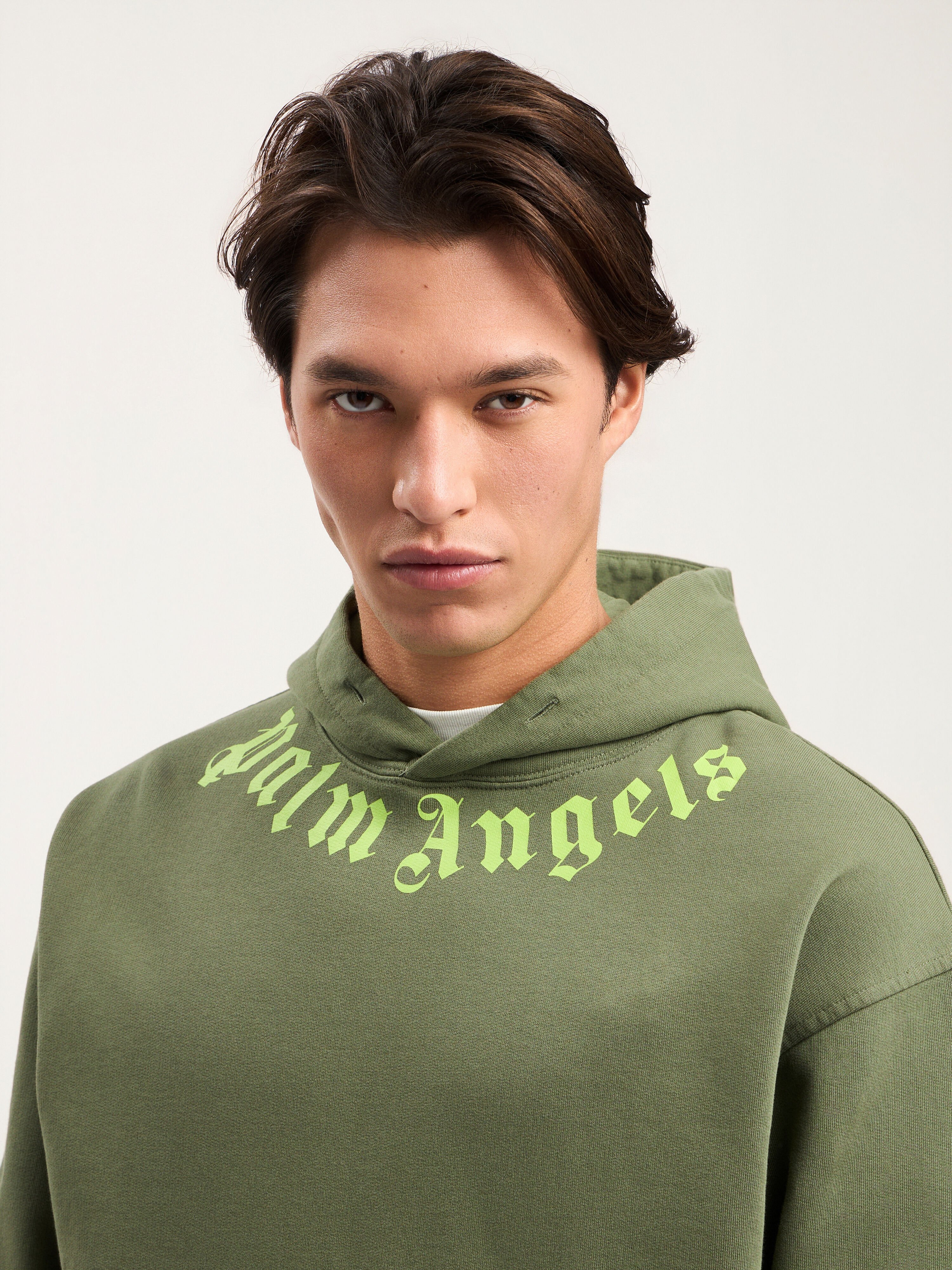 PALM ANGELS Neck Logo Hoodie MILITARY GREEN LIME PMBB17DS26FLE007
