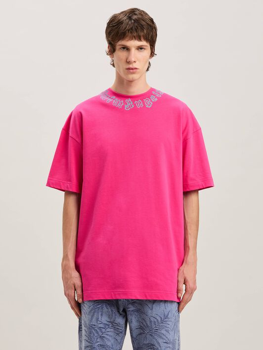 PALM ANGELS  Flame logo T-shirt FUCHSIA - LIGHT BLUE PMAA001S25JER002