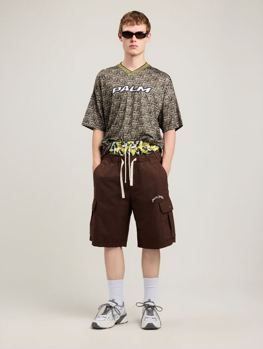 PALM ANGELS Curved Logo Loose Cargo Shorts BROWN OFF WHITE PMCS012S26FAB002