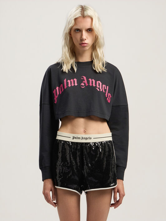 Curved Logo Crop Long Sleeve PALM ANGELS Curved Logo Crop Long Sleeve BLACK - FUCHSIA PWAB023F25JER002