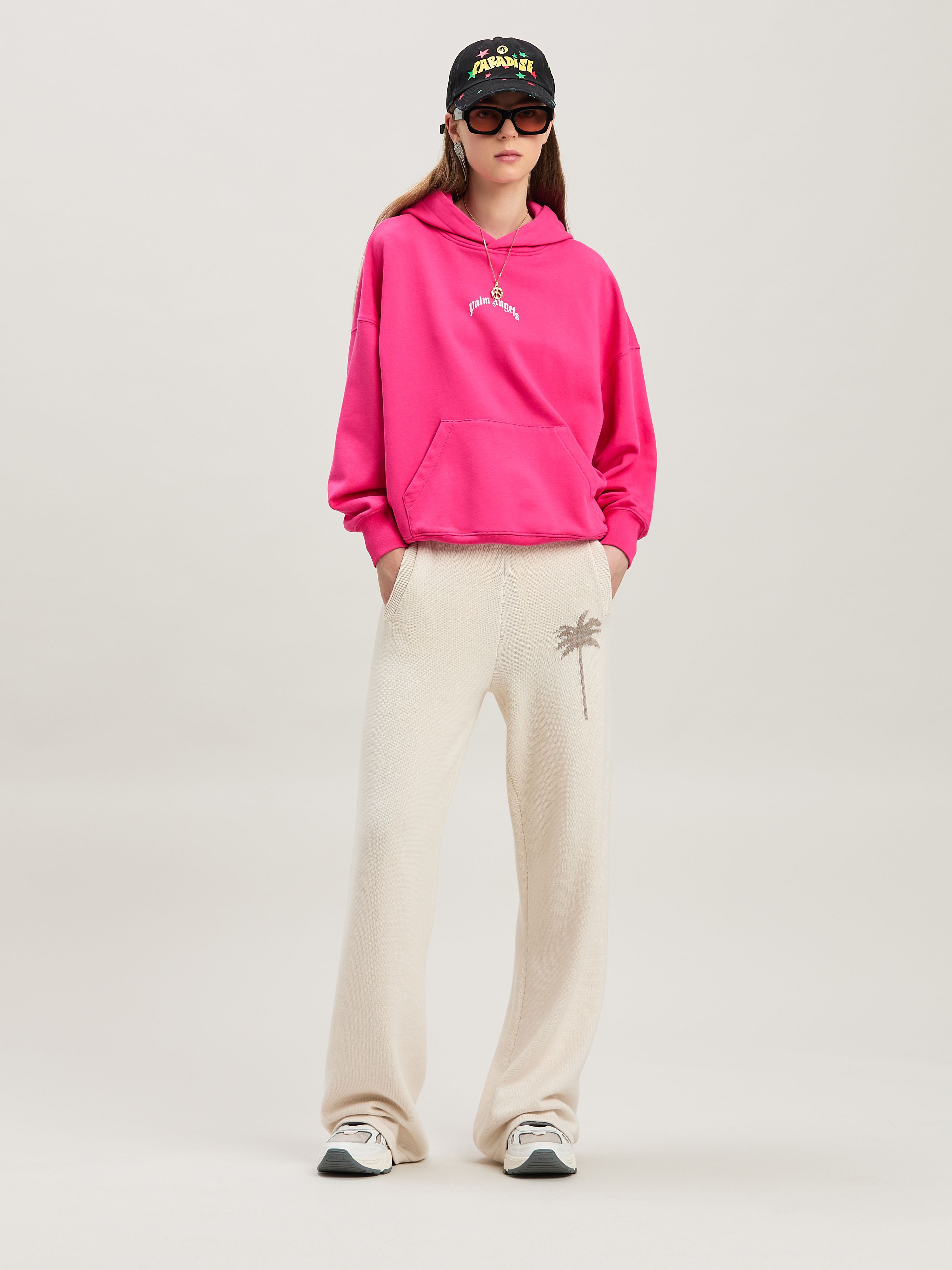 PALM ANGELS  Curved logo hoodie FUCHSIA - SOFT PINK PWBB074S25FLE001