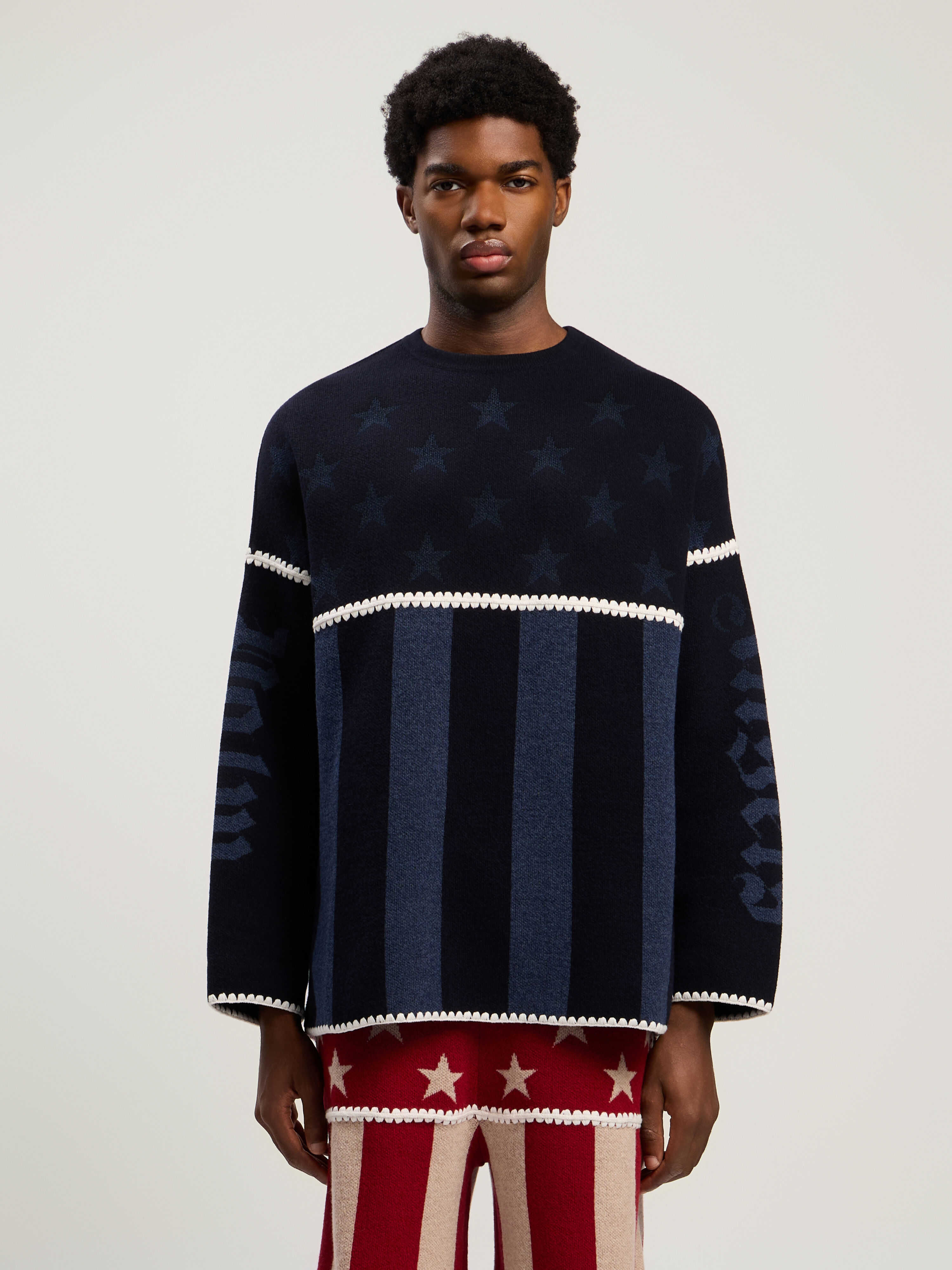 PALM ANGELS Stars&Stripes Sweater NAVY BLUE - DUSTY BLUE PMHE084F25KNI001