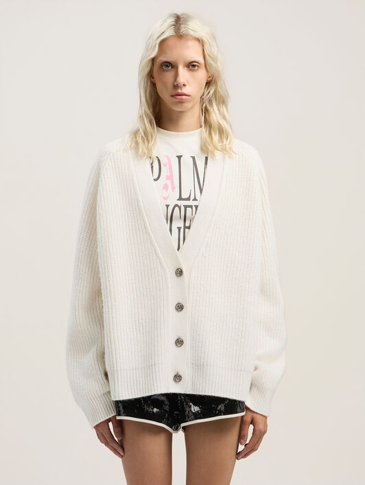 PALM ANGELS Curved Logo Ribbed Cardigan OFF WHITE - PINK PWHB045F25KNI001