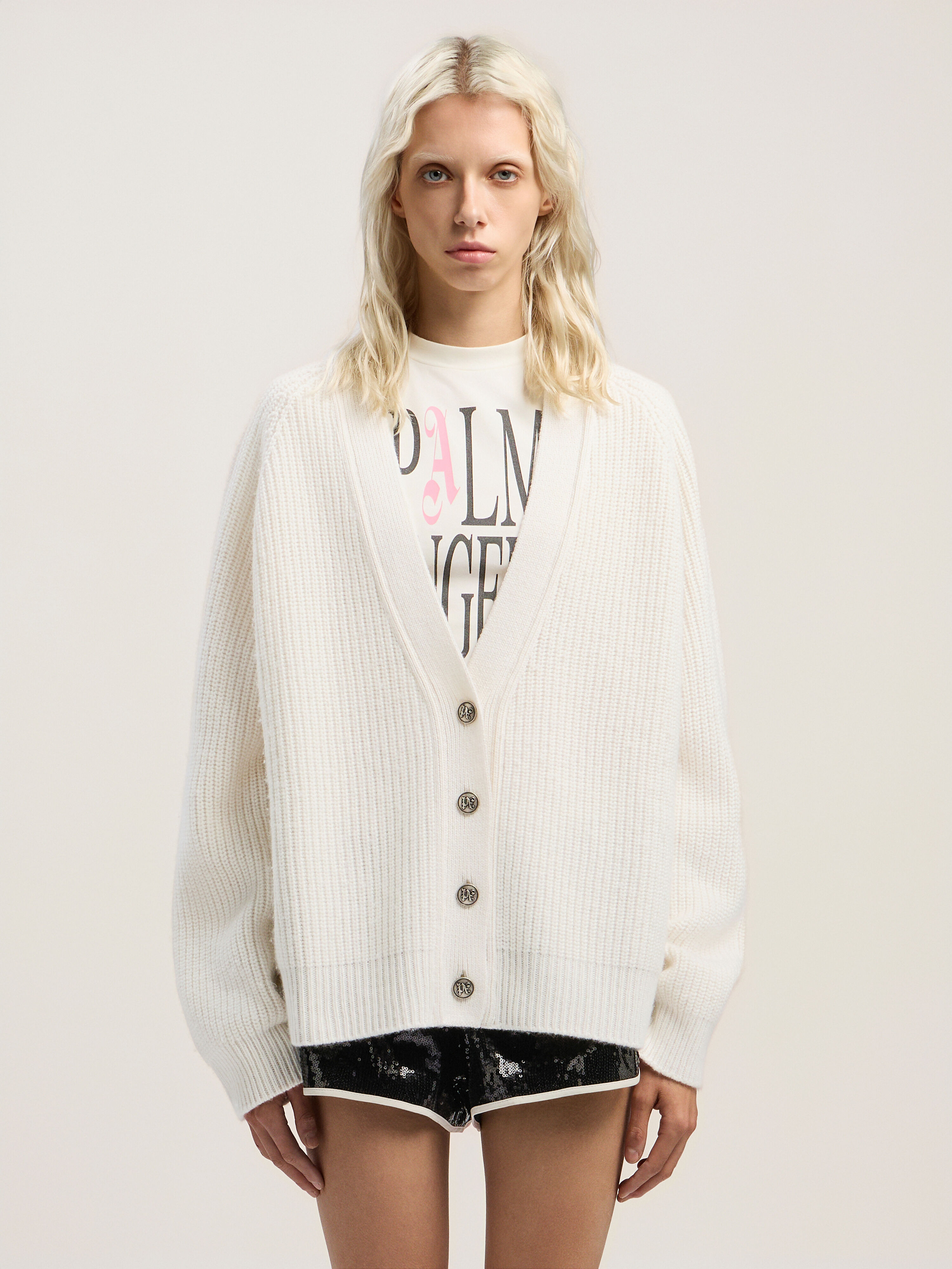 PALM ANGELS Curved Logo Ribbed Cardigan OFF WHITE - PINK PWHB045F25KNI001
