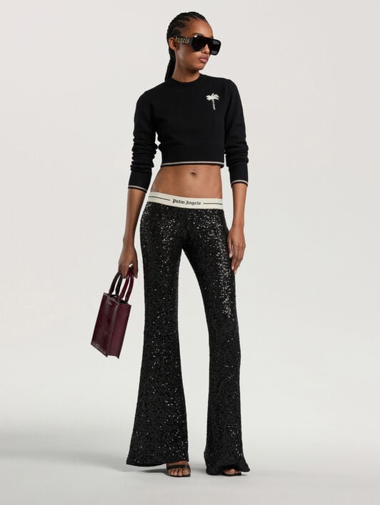 Logo Essential Sequins Pants PALM ANGELS Logo Essential Sequins Pants BLACK - CREAM PAWCJ06W26FB01