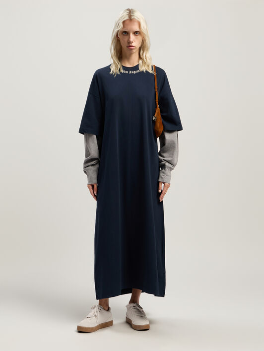 PALM ANGELS Curved Logo Layered Dress DARK BLUE - OFF WHITE PWDE005F25JER001