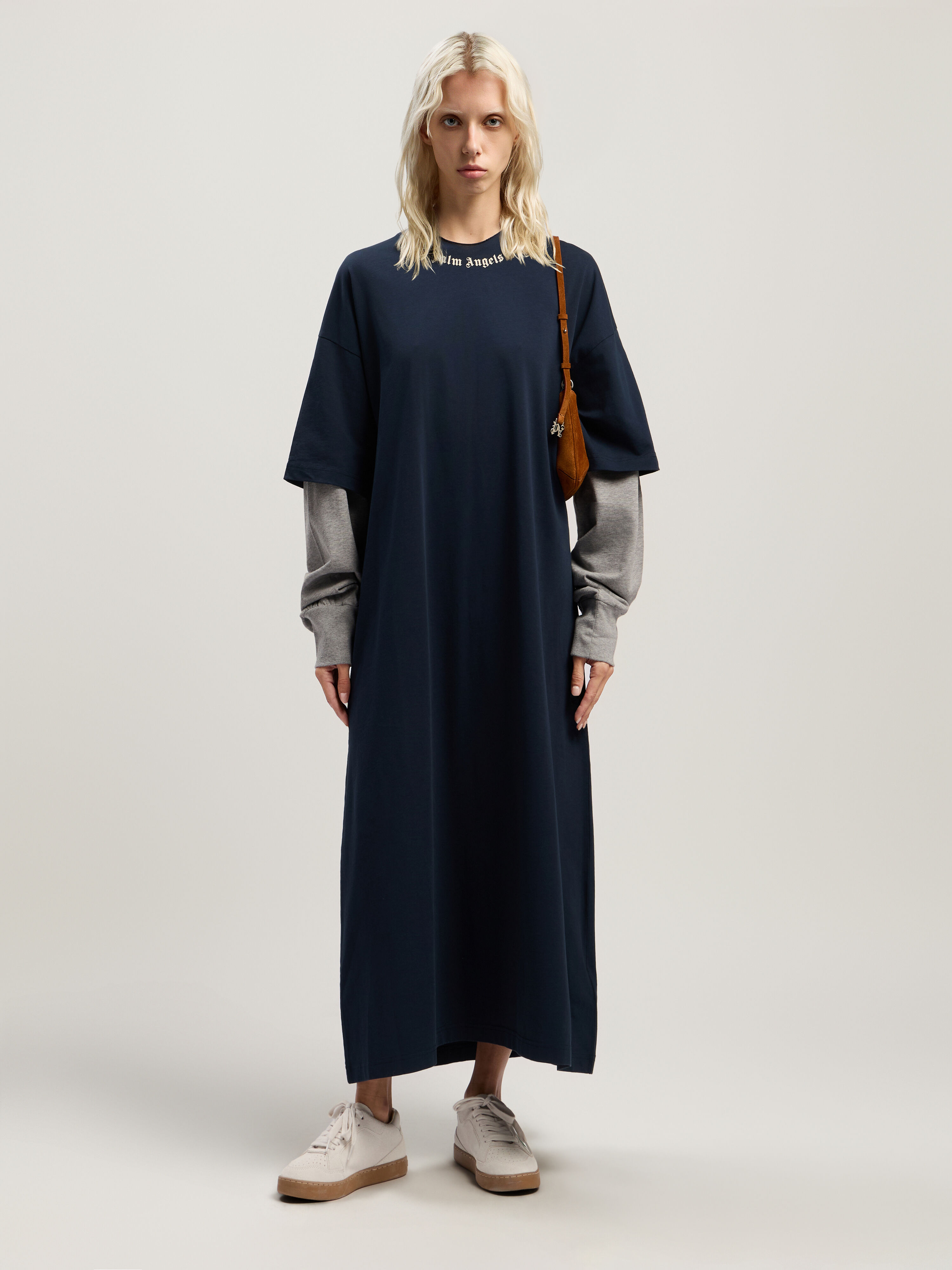 PALM ANGELS Curved Logo Layered Dress DARK BLUE - OFF WHITE PWDE005F25JER001