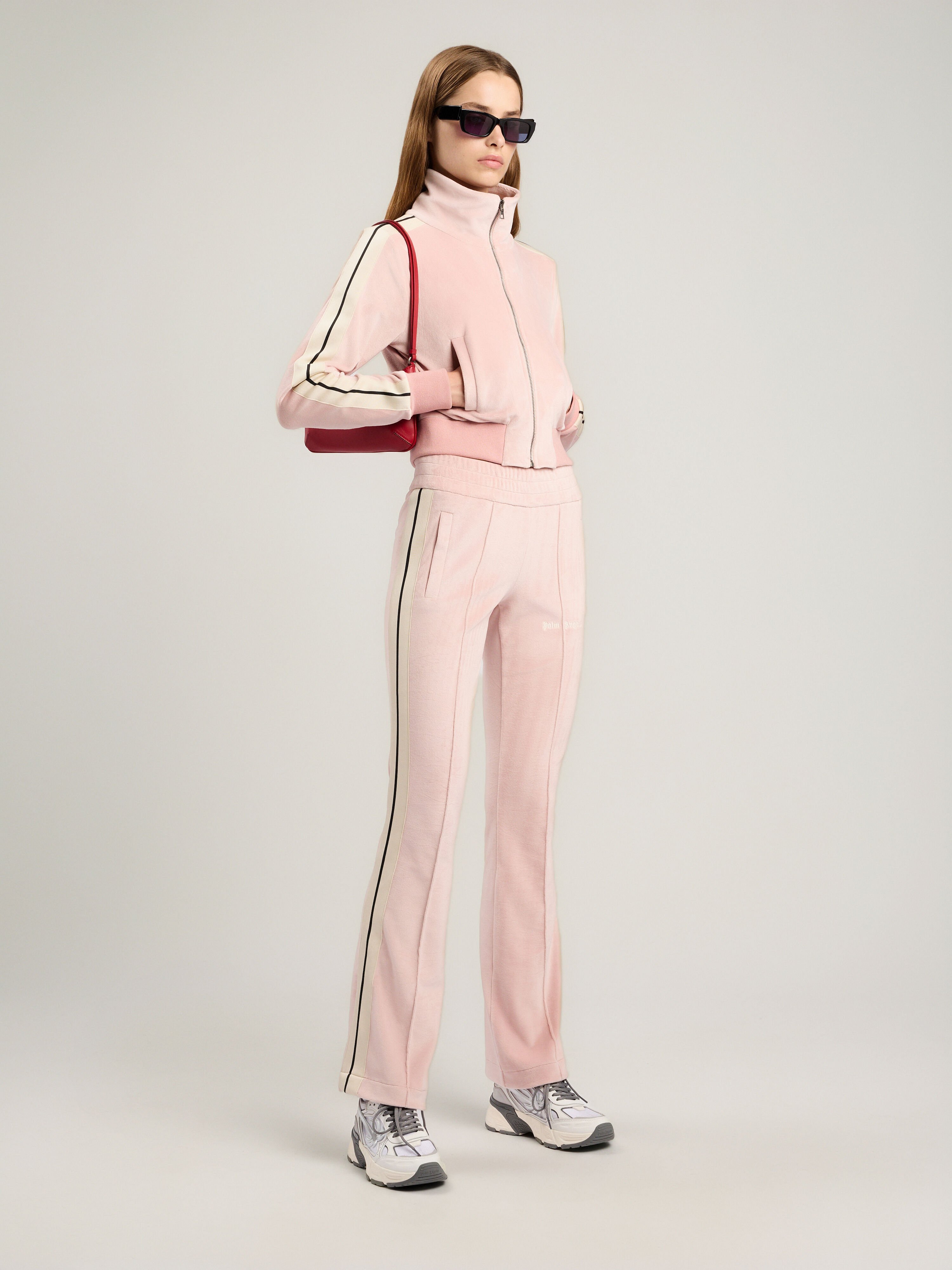 PALM ANGELS Logo Flare Chenille Track Pants PINK OFF WHITE PWCJ019S26FAB001