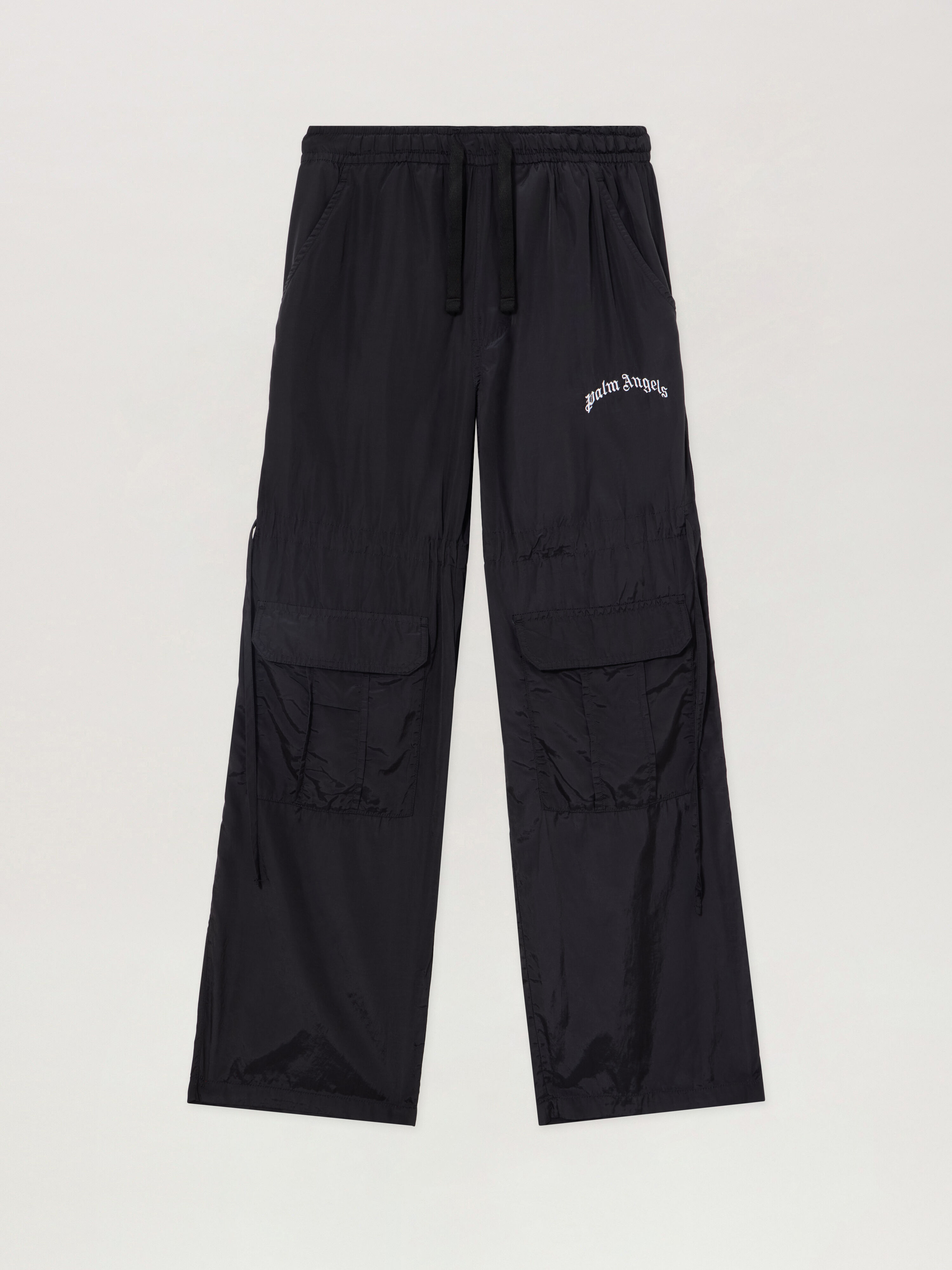 Curved Logo Drawstring Cargo Pants PALM ANGELS Curved Logo Drawstring Cargo Pants BLACK - OFF WHITE PAMCF03F26FB01