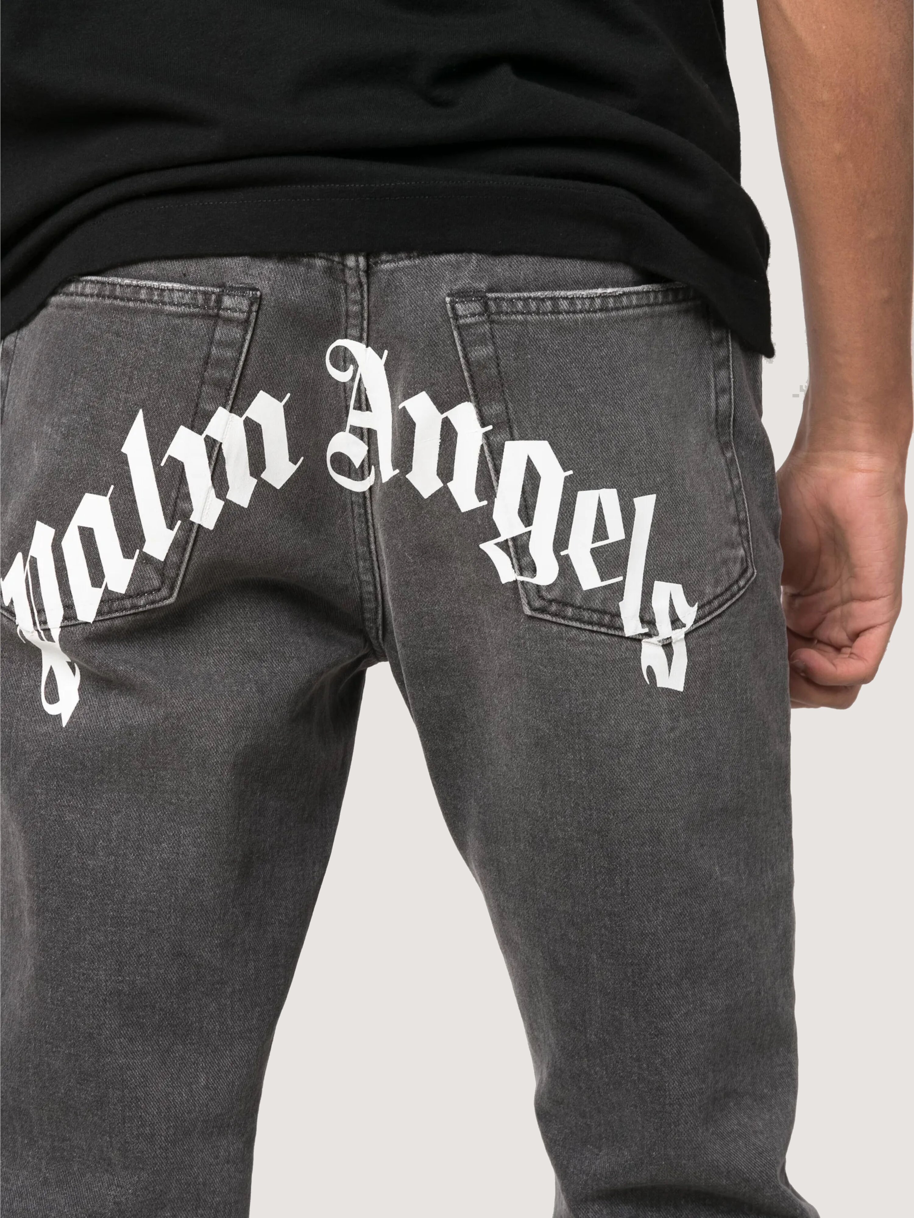 PALM ANGELS Curved Logo Denim Jeans BLACK WHITE PMYA012C99DEN001