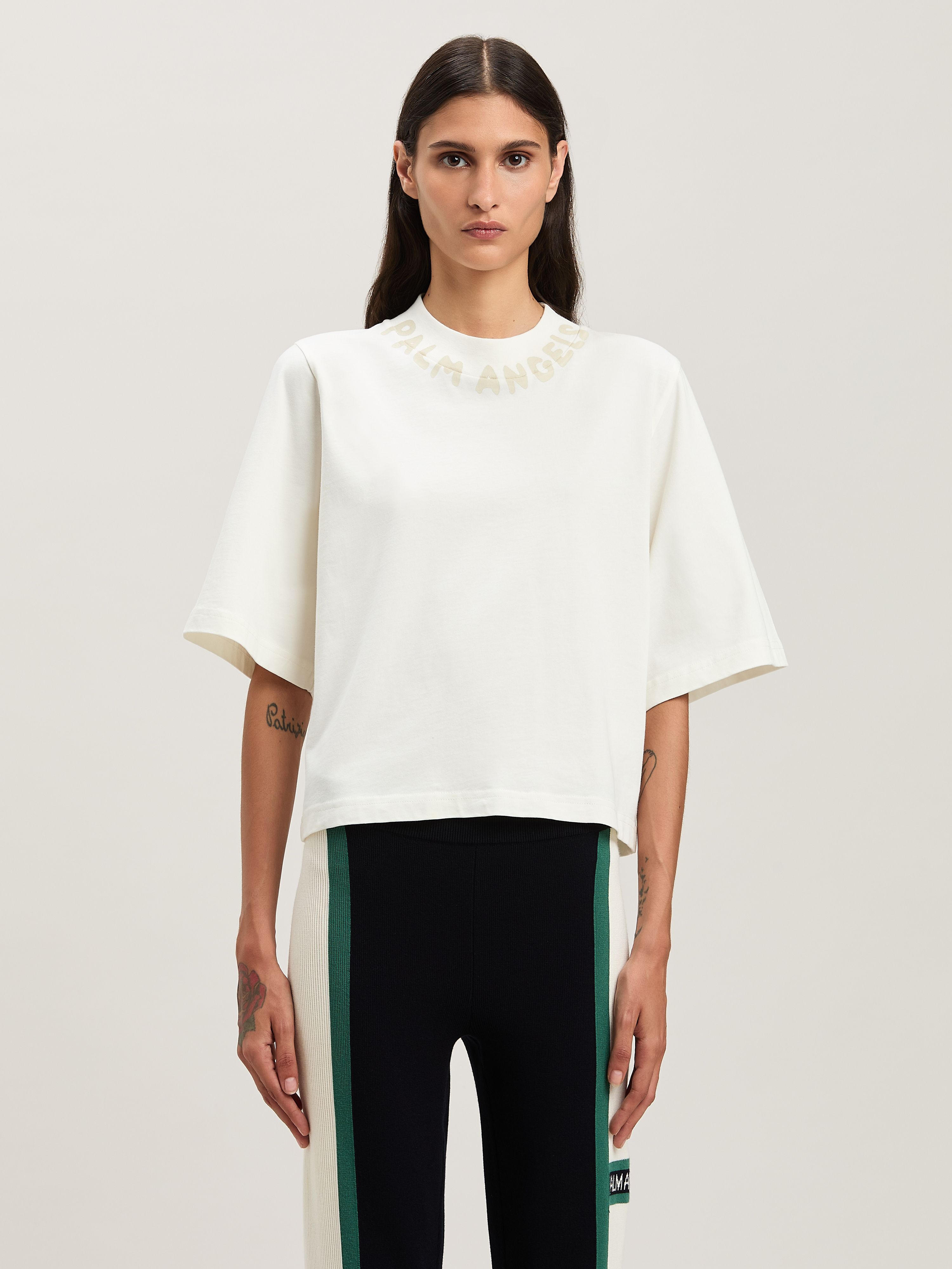 PALM ANGELS  Block logo cropped T-shirt OFF WHITE - IVORY PWAA020S25JER003