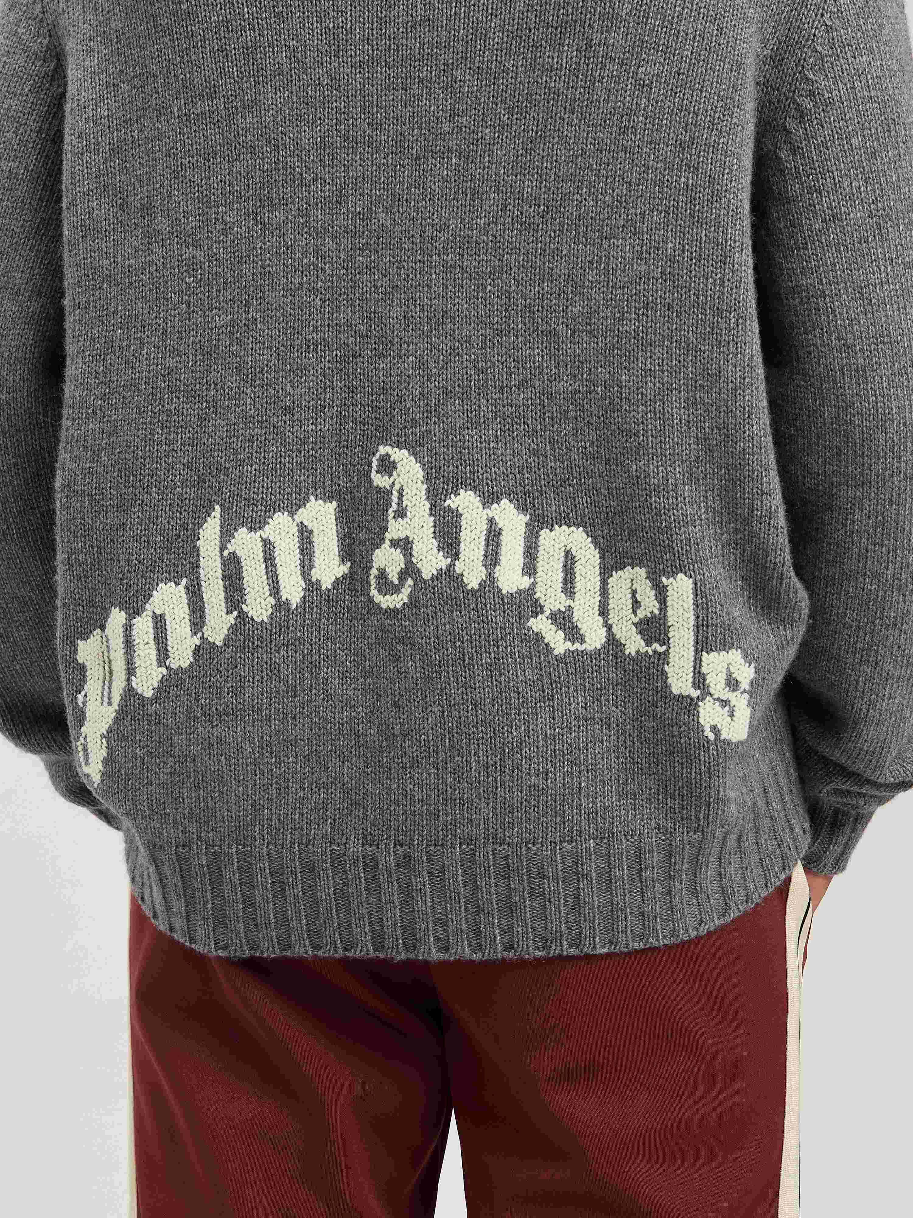 PALM ANGELS  Curved Logo embroidered Sweater GREY MELANGE - OFF WHITE PMHE027S25KNI001