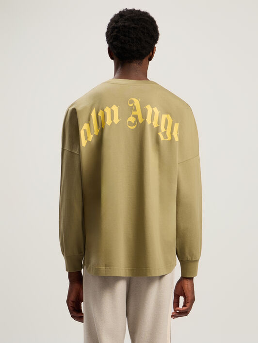 PALM ANGELS Curved Logo Long Sleeve T-Shirt ARMY GREEN - YELLOW PMAB059F25JER001