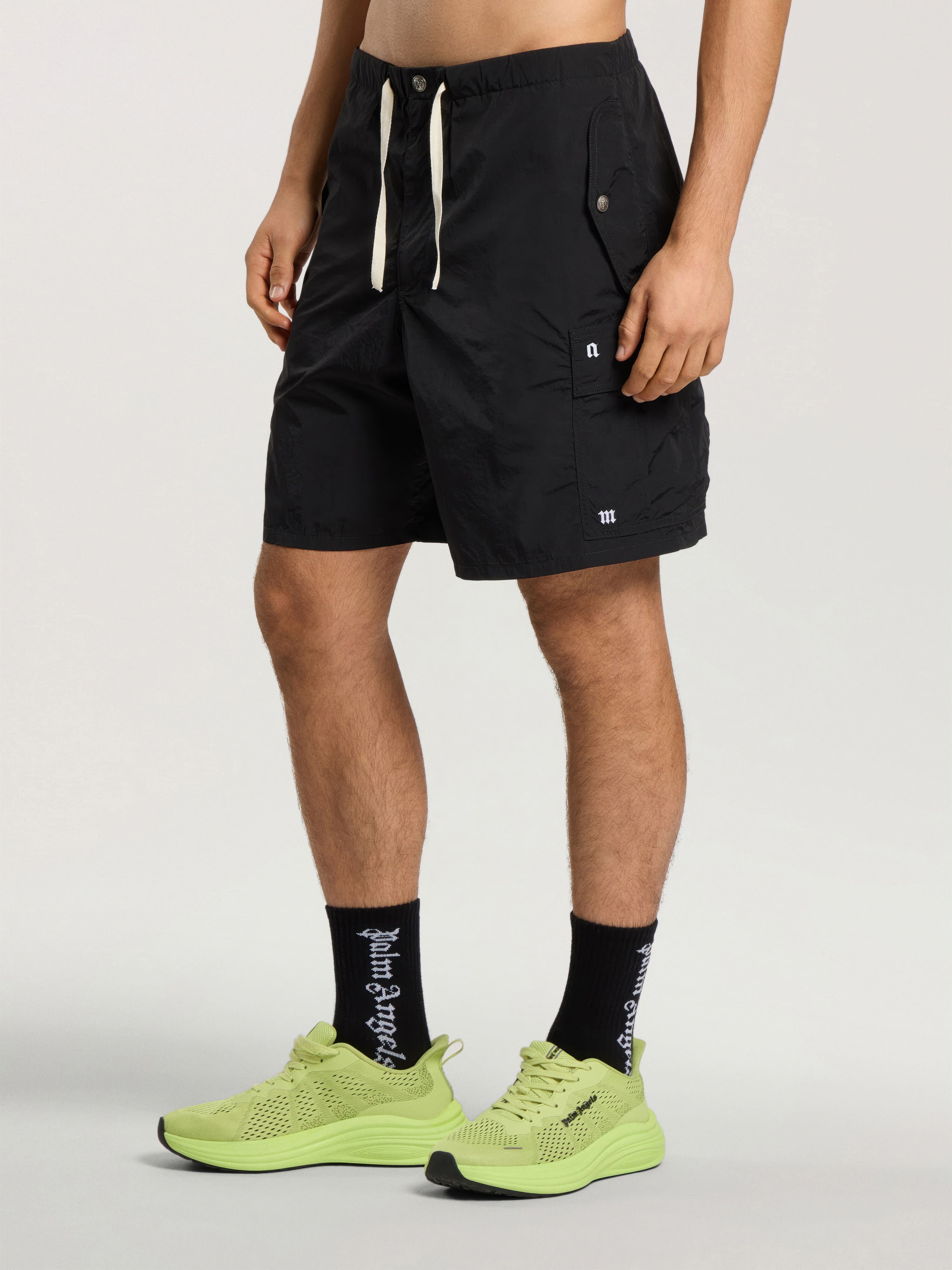 Palm Type Loose Cargo Shorts PALM ANGELS Palm Type Loose Cargo Shorts BLACK - OFF WHITE PAMCS02F26FB01