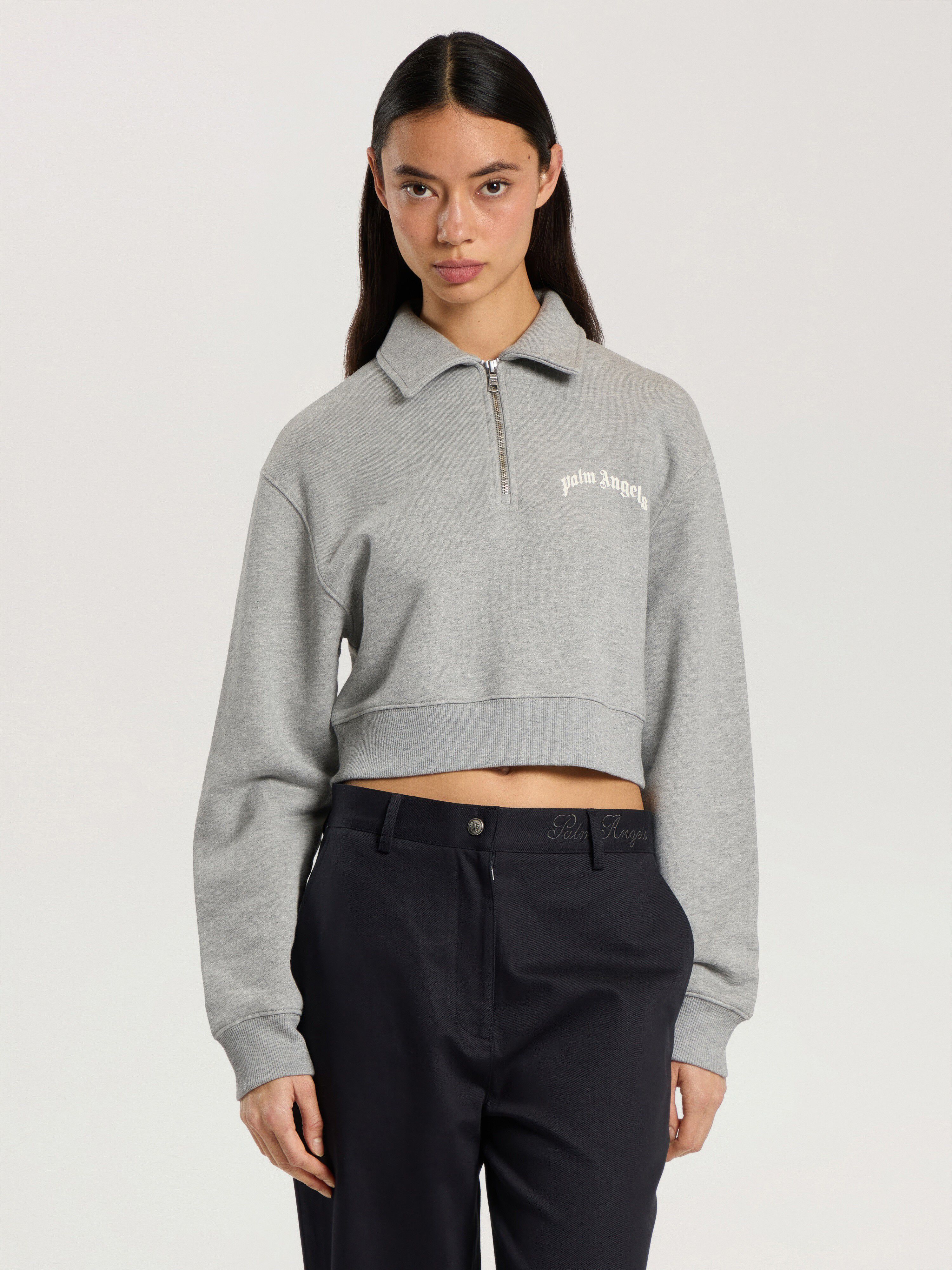 Curved Logo Crop Polo Crew Long Sleeve PALM ANGELS Curved Logo Crop Polo Crew Long Sleeve GREY MELANGE - OFF WHITE PAWGC03F26FL01