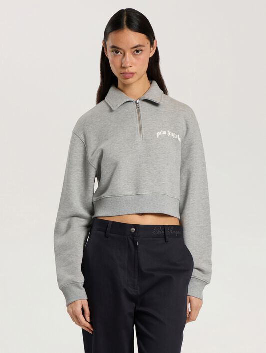 Curved Logo Crop Polo Crew Long Sleeve PALM ANGELS Curved Logo Crop Polo Crew Long Sleeve GREY MELANGE - OFF WHITE PAWGC03F26FL01