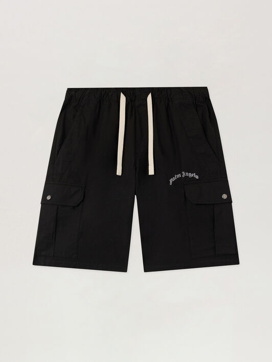 PALM ANGELS Curved Logo Loose Cargo Shorts BLACK OFF WHITE PMCS012S26FAB002