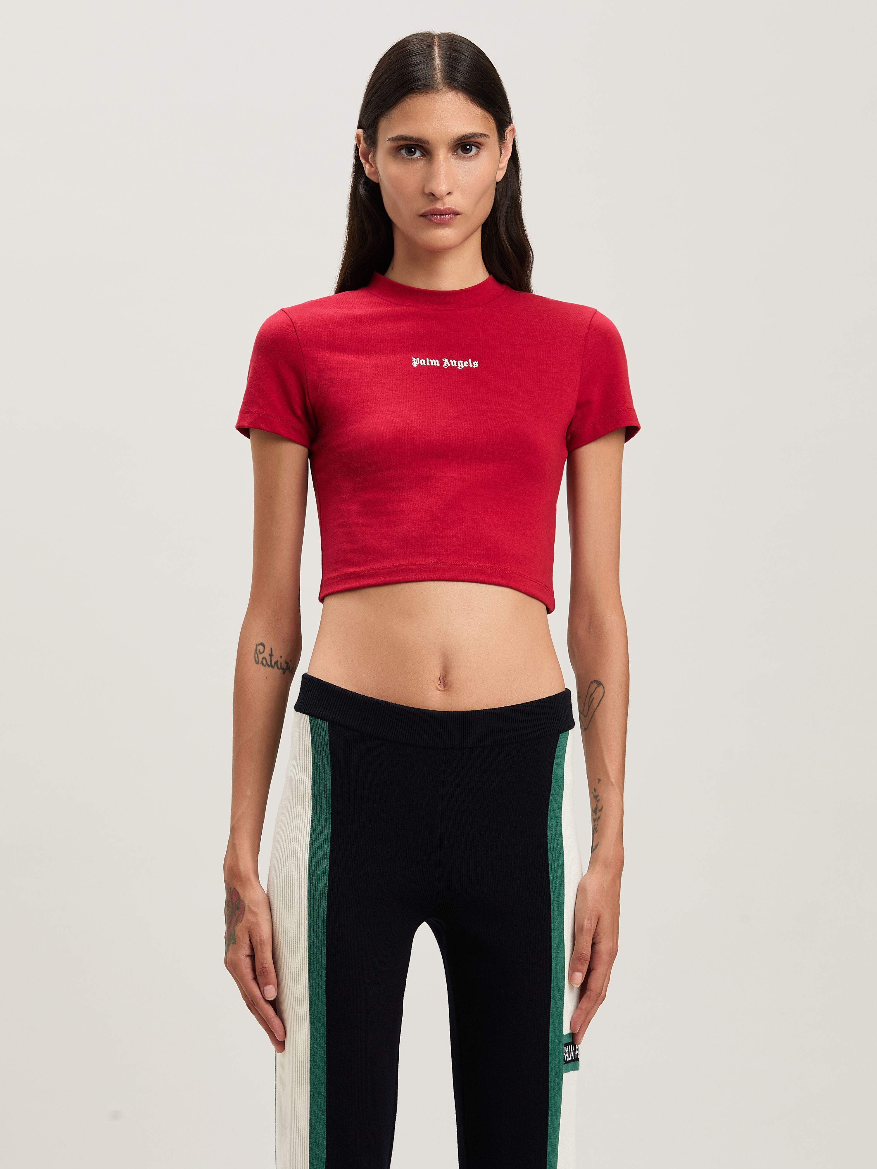 PALM ANGELS  Classic logo cropped Baby T-shirt RED - OFF WHITE PWAA074S25JER001