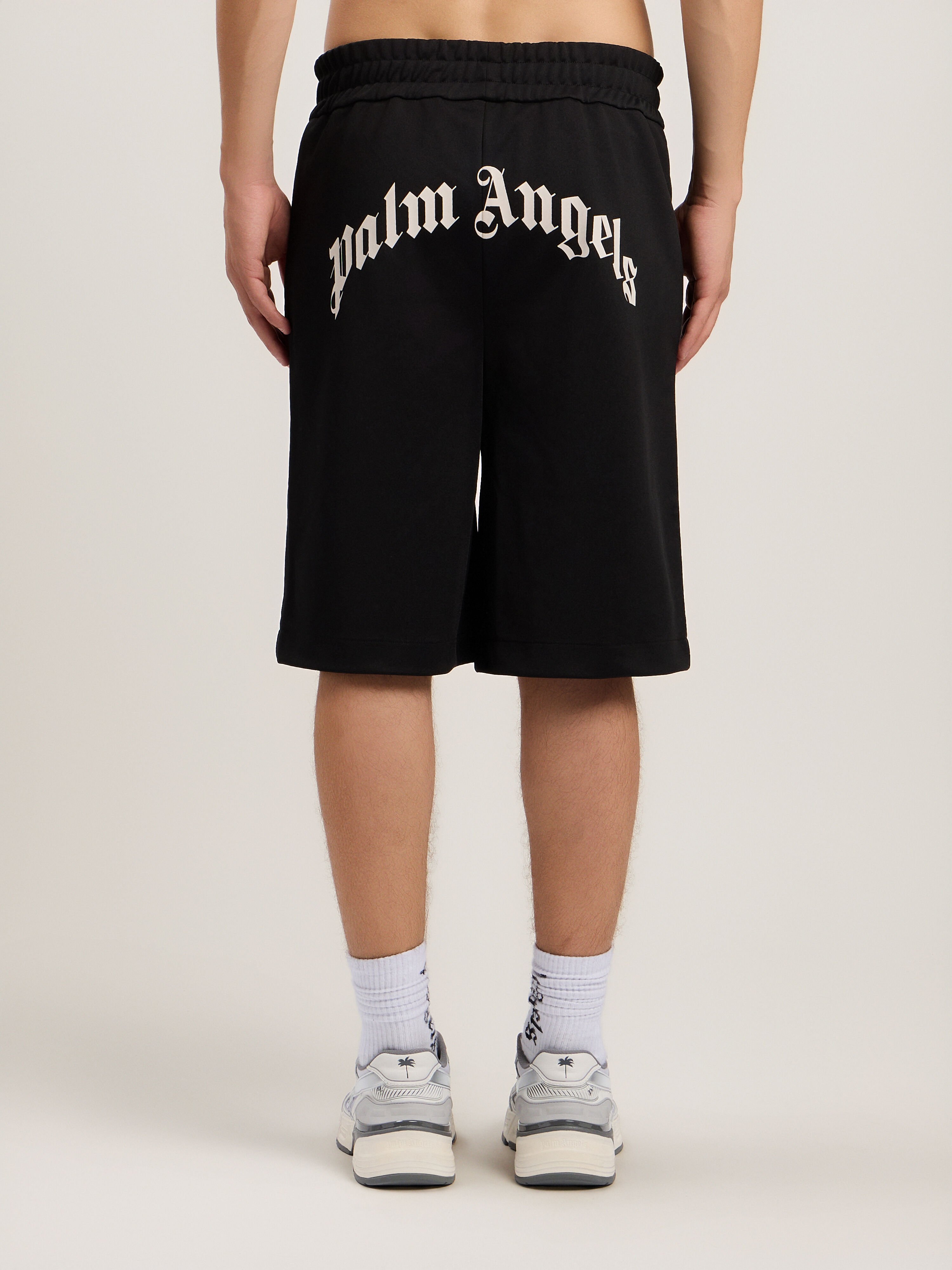 Back Curved Logo Track Shorts in BLACK OFF WHITE for Men | Palm