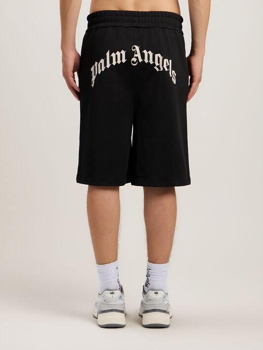 PALM ANGELS Back Curved Logo Track Shorts BLACK OFF WHITE PMCL00AS26FAB001