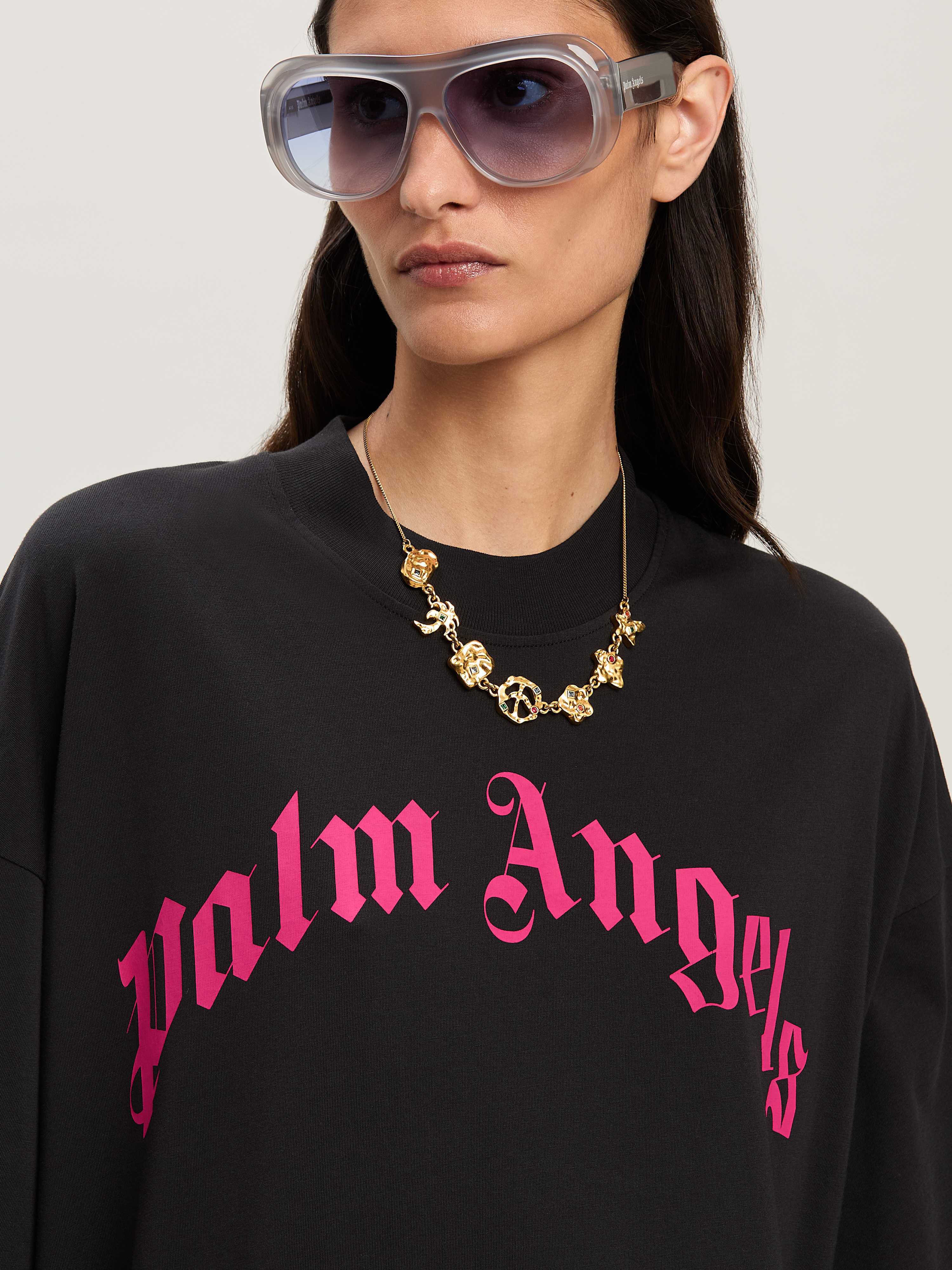 PALM ANGELS  Curved logo oversize T-shirt dress BLACK - FUCHSIA PWDH008S25JER001