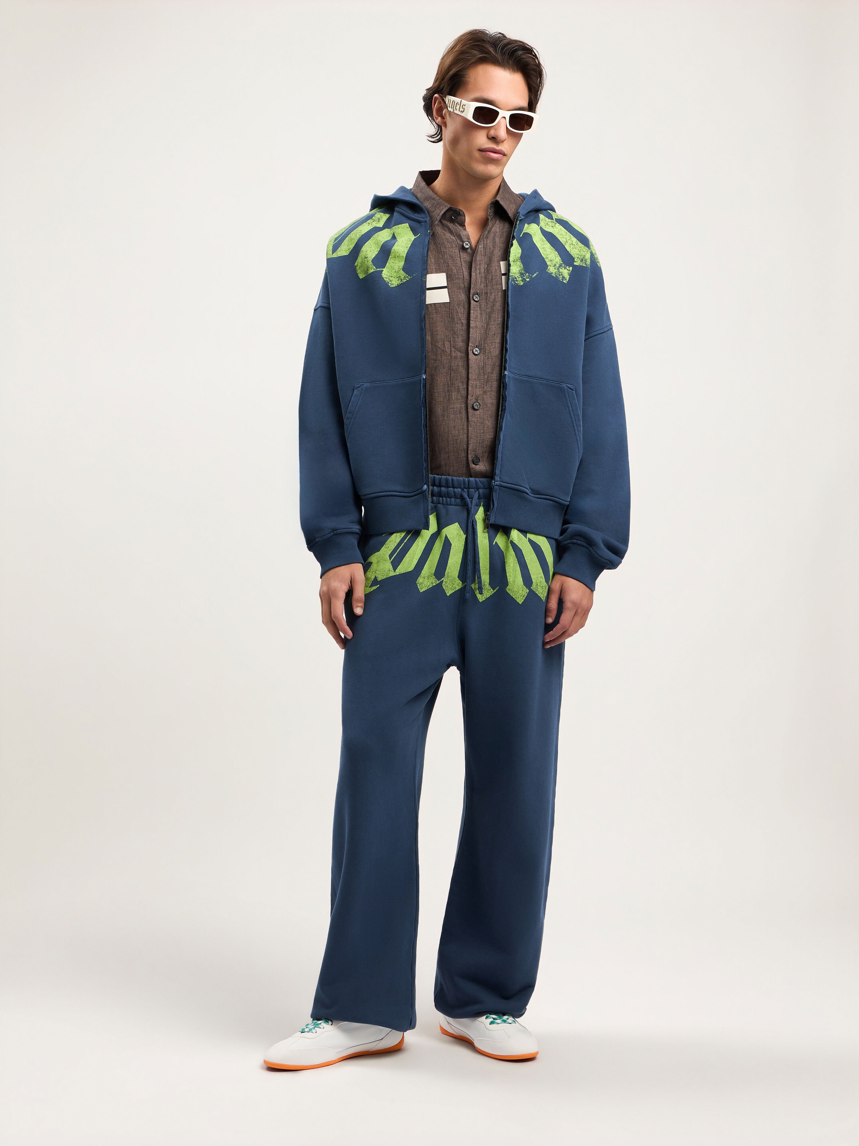 PALM ANGELS Big Waist Logo Sweatpants NAVY BLUE LIME PMCH025S26FLE003