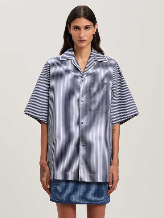 PALM ANGELS  Curved logo striped shirt NAVY BLUE - OFF WHITE PWGG005S25FAB001