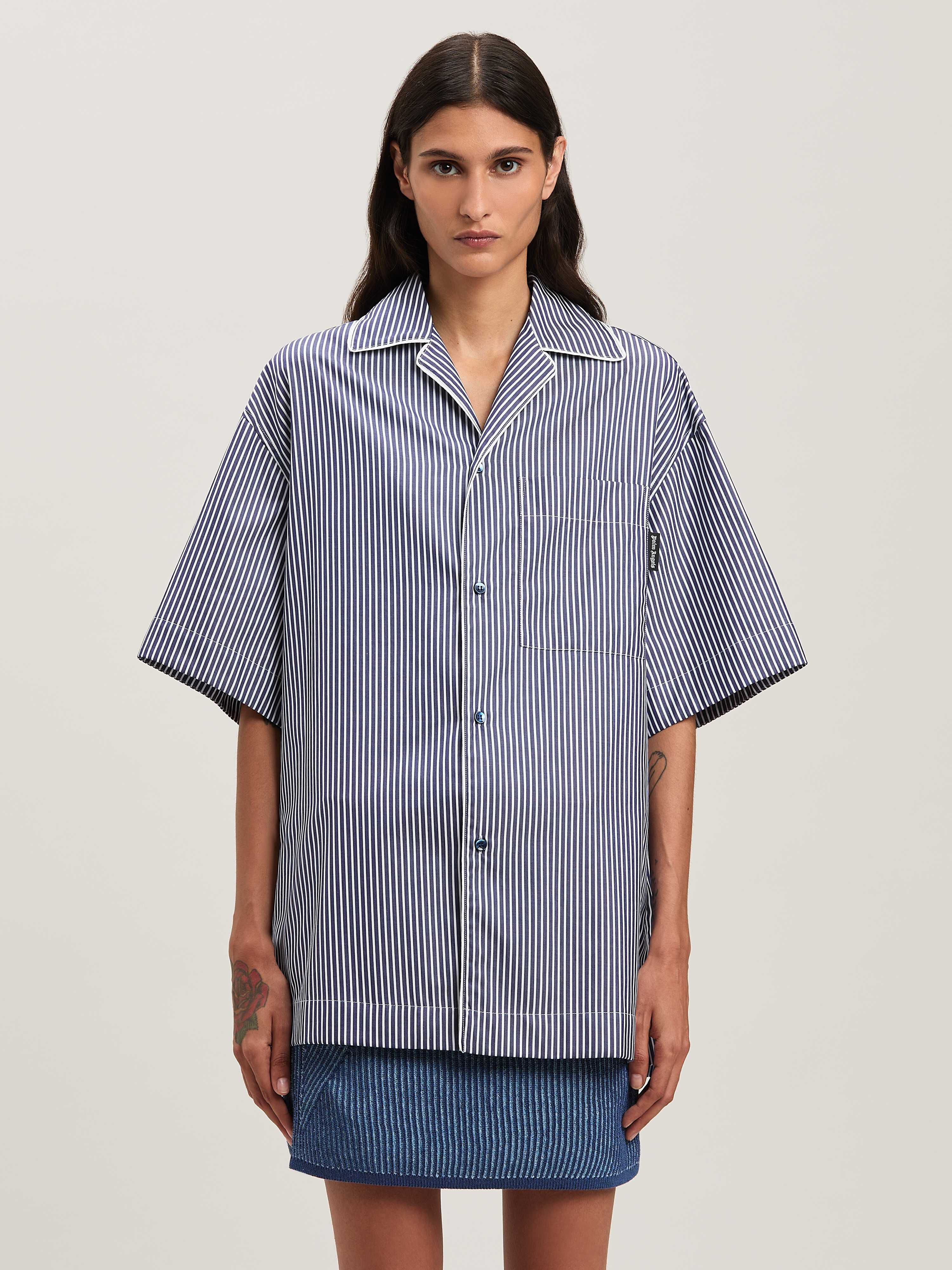 PALM ANGELS  Curved logo striped shirt NAVY BLUE - OFF WHITE PWGG005S25FAB001