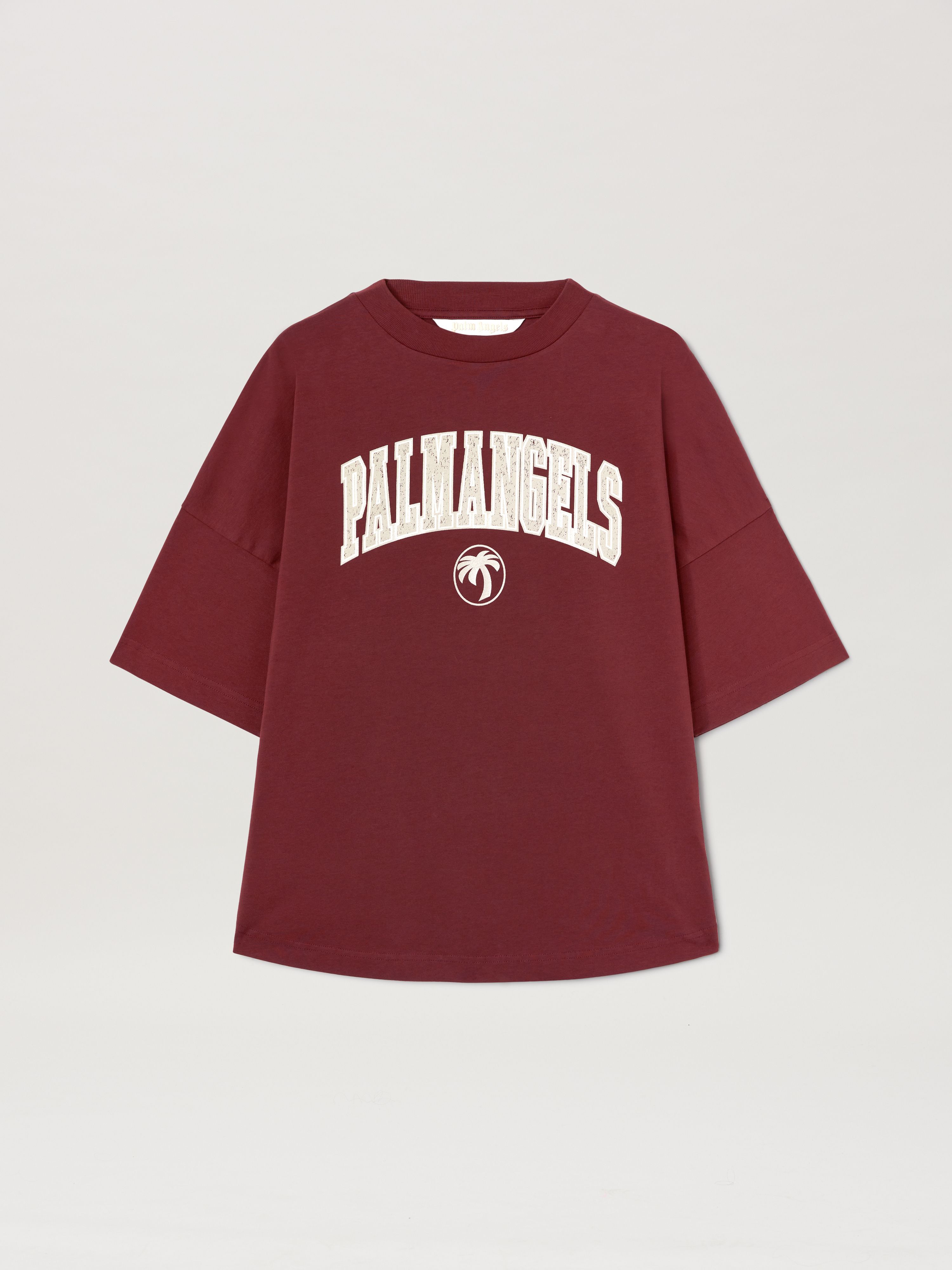 PALM ANGELS  College oversize T-shirt BURGUNDY - IVORY PWAA023S25JER003