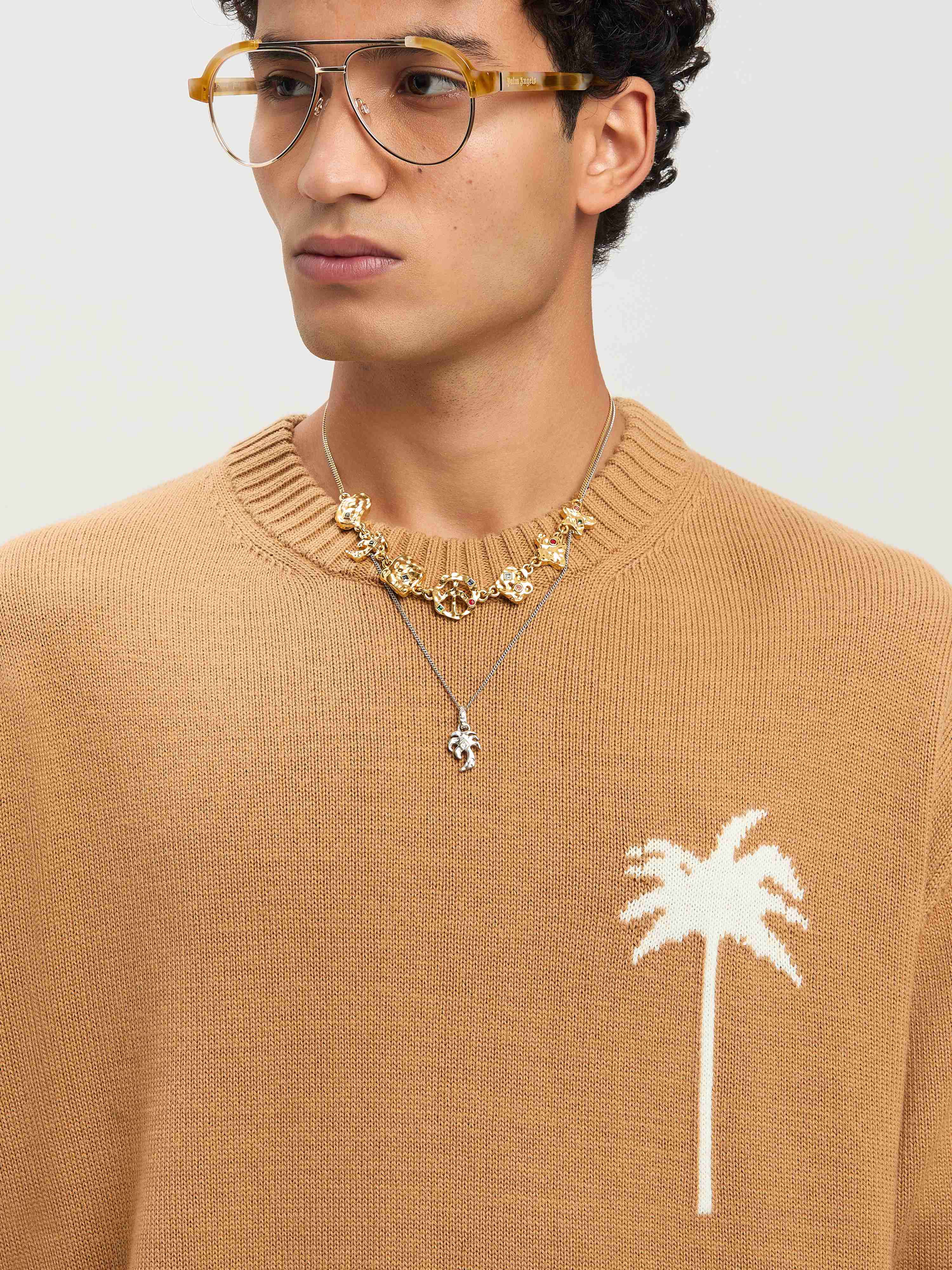 PALM ANGELS  Palm Inlay knit sweater BEIGE - OFF WHITE PMHE080S25KNI001