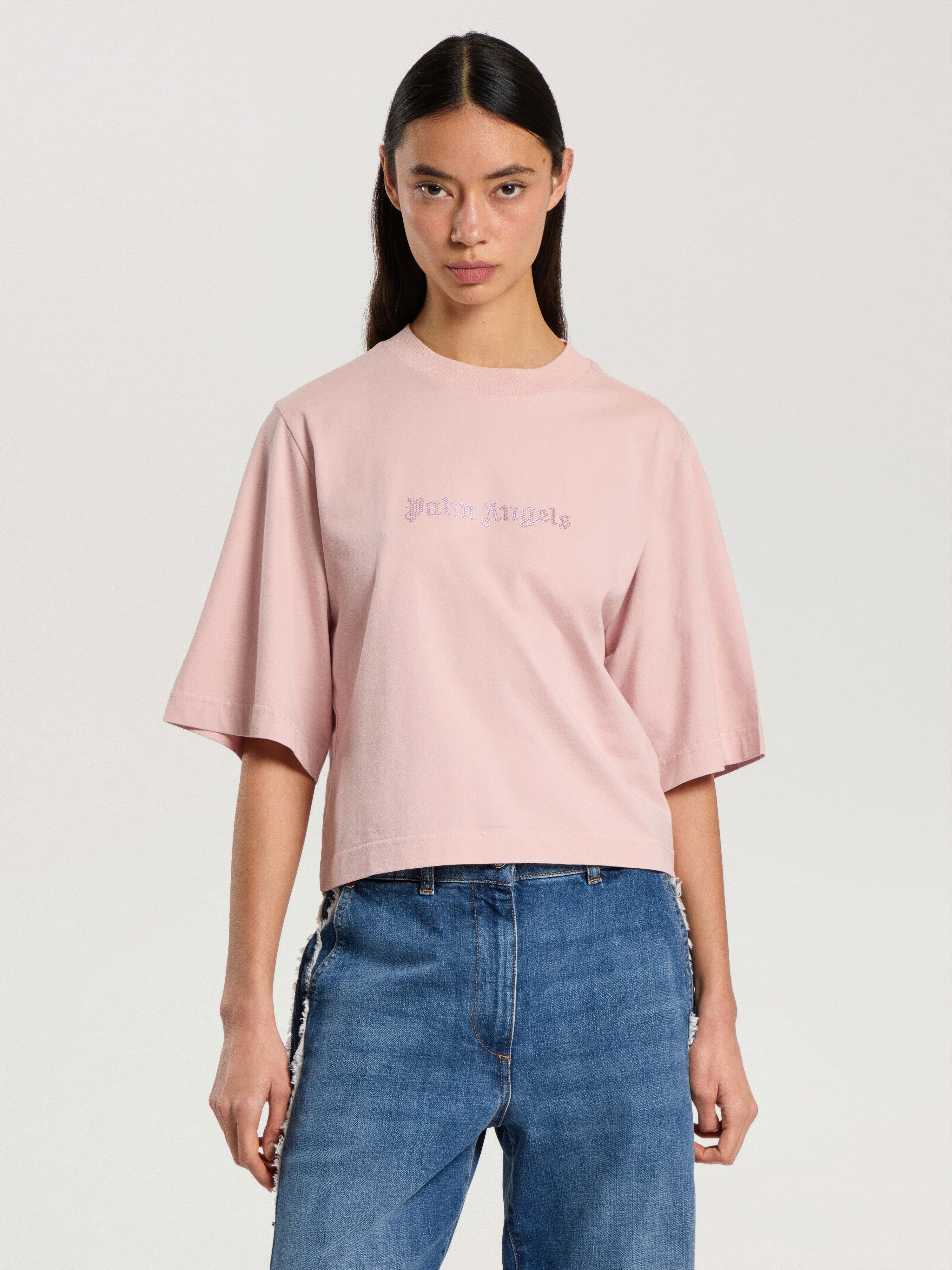 Rhinestone Logo Boxy T-Shirt PALM ANGELS Rhinestone Logo Boxy T-Shirt ROSE PINK - OFF WHITE PAWAA03F26JR02