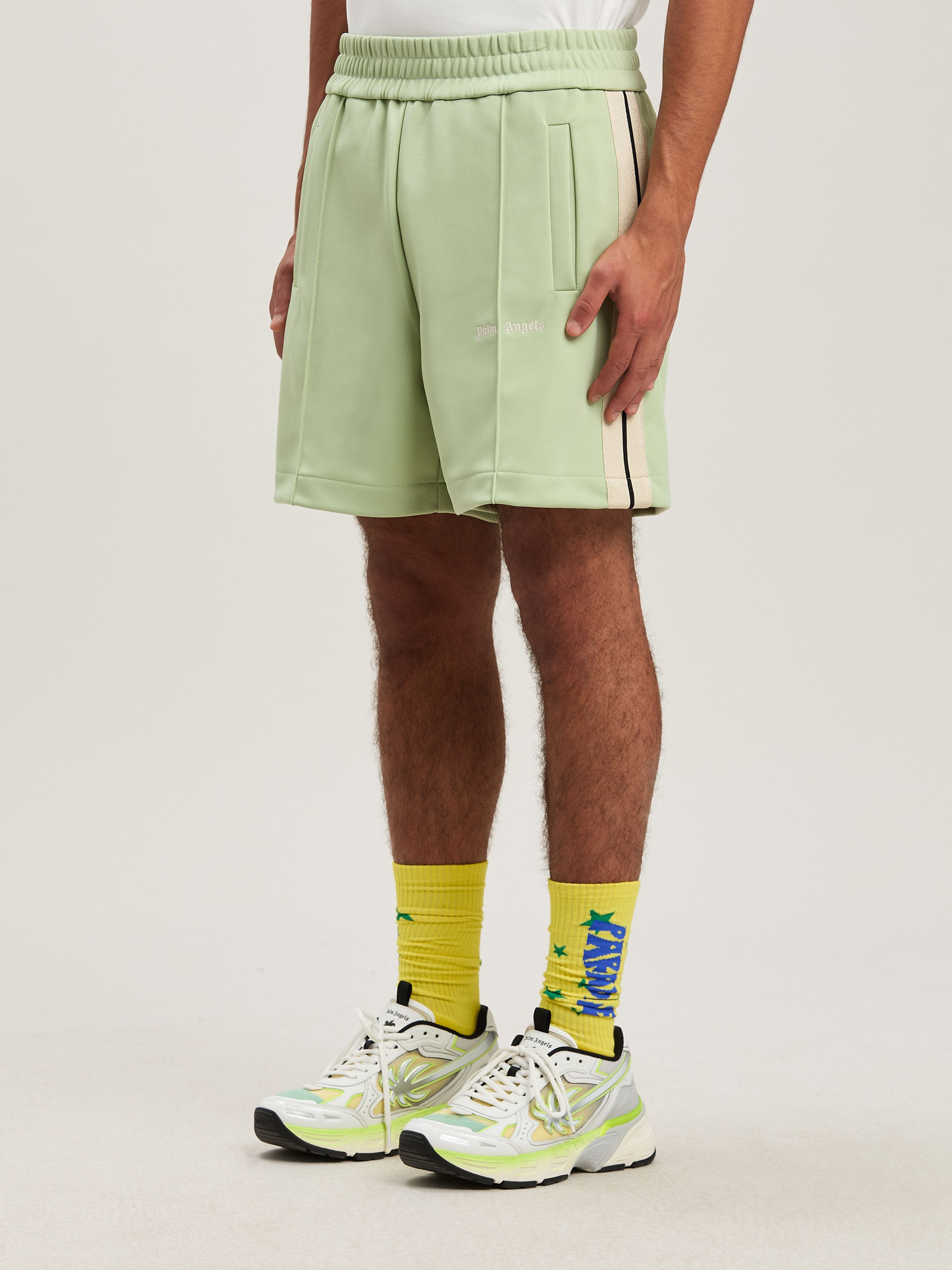 PALM ANGELS  Embroidered Logo Track shorts SAGE - OFF WHITE PMCL004S25FAB001