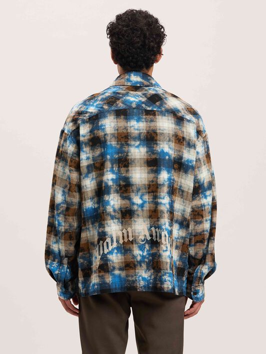 PALM ANGELS  Curved logo Faded tartan shirt LIGHT BLUE - OFF WHITE PMGE043S25FAB003