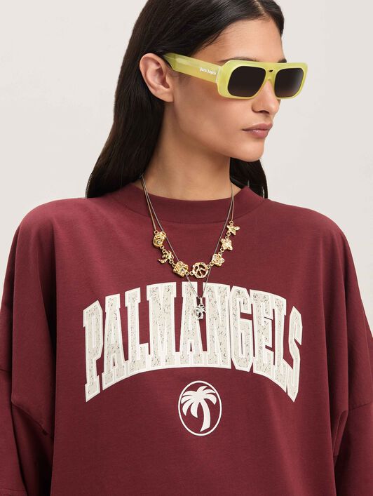 PALM ANGELS  College oversize T-shirt BURGUNDY - IVORY PWAA023S25JER003