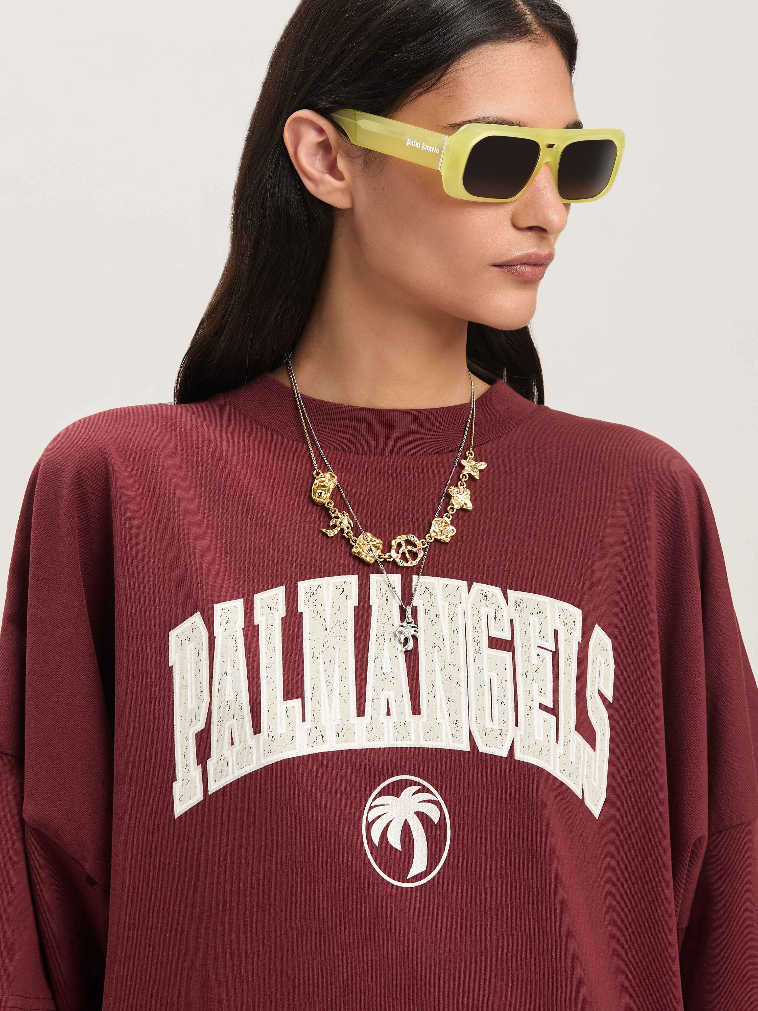 PALM ANGELS  College oversize T-shirt BURGUNDY - IVORY PWAA023S25JER003
