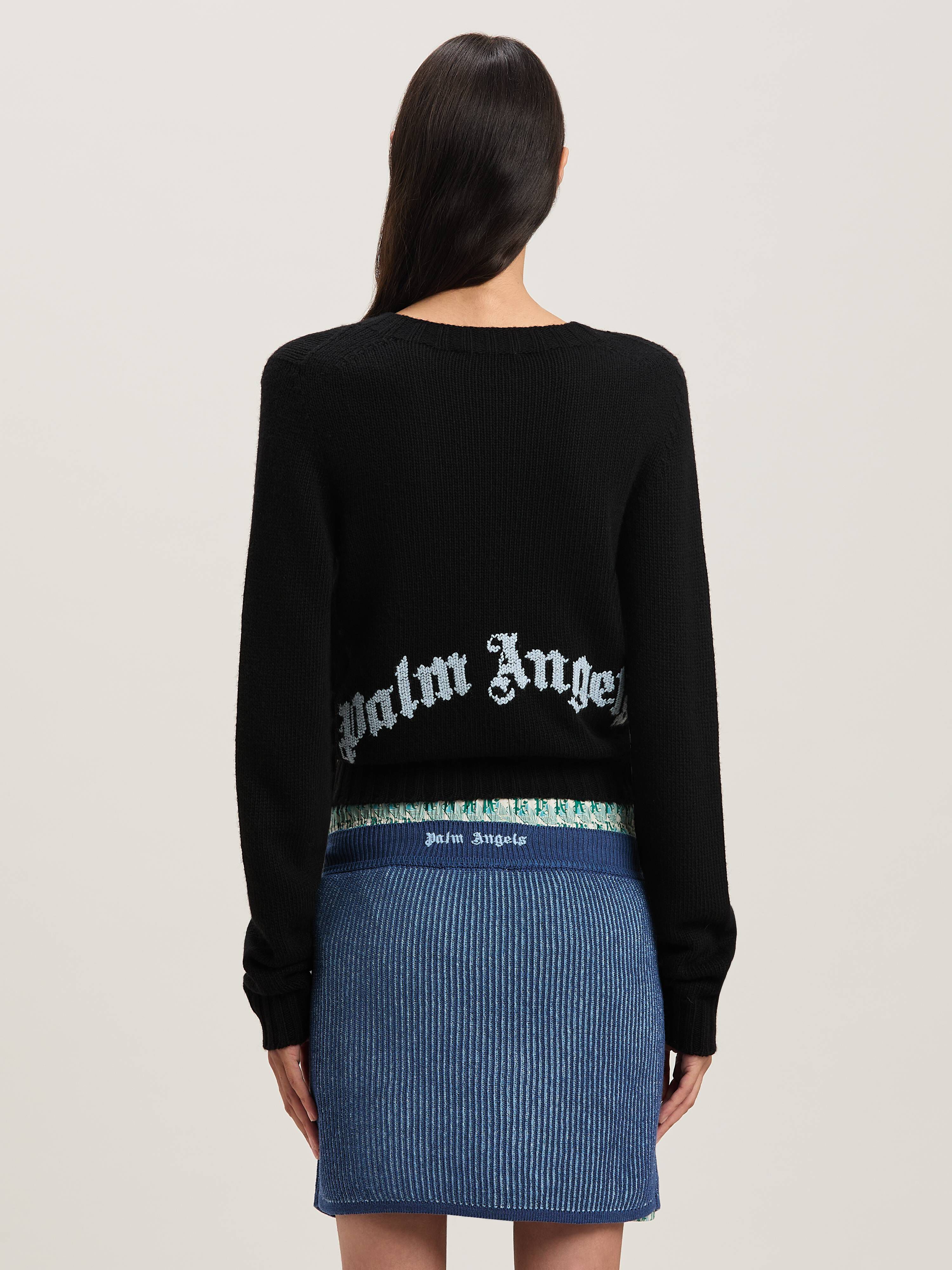 PALM ANGELS  Embroidere Curved Logo knit sweater BLACK - BABY BLUE PWHE051S25KNI001