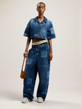 PALM ANGELS Newspaper Print Denim Shirt MEDIUM BLUE - DUSTY BLUE PWYD022F25DEN001