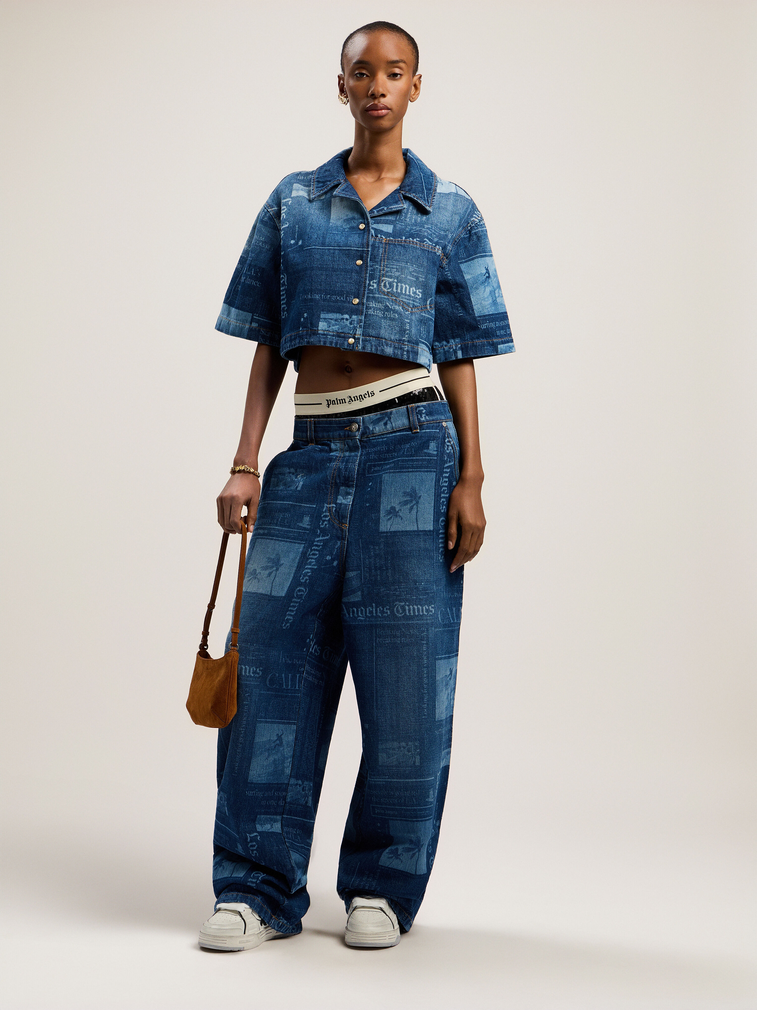 PALM ANGELS Newspaper Print Denim Shirt MEDIUM BLUE - DUSTY BLUE PWYD022F25DEN001