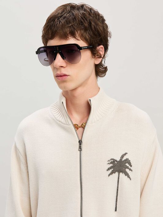 PALM ANGELS  Strickjacke mit Palme OFF WHITE - GREY MELANGE PMHA061S25KNI001