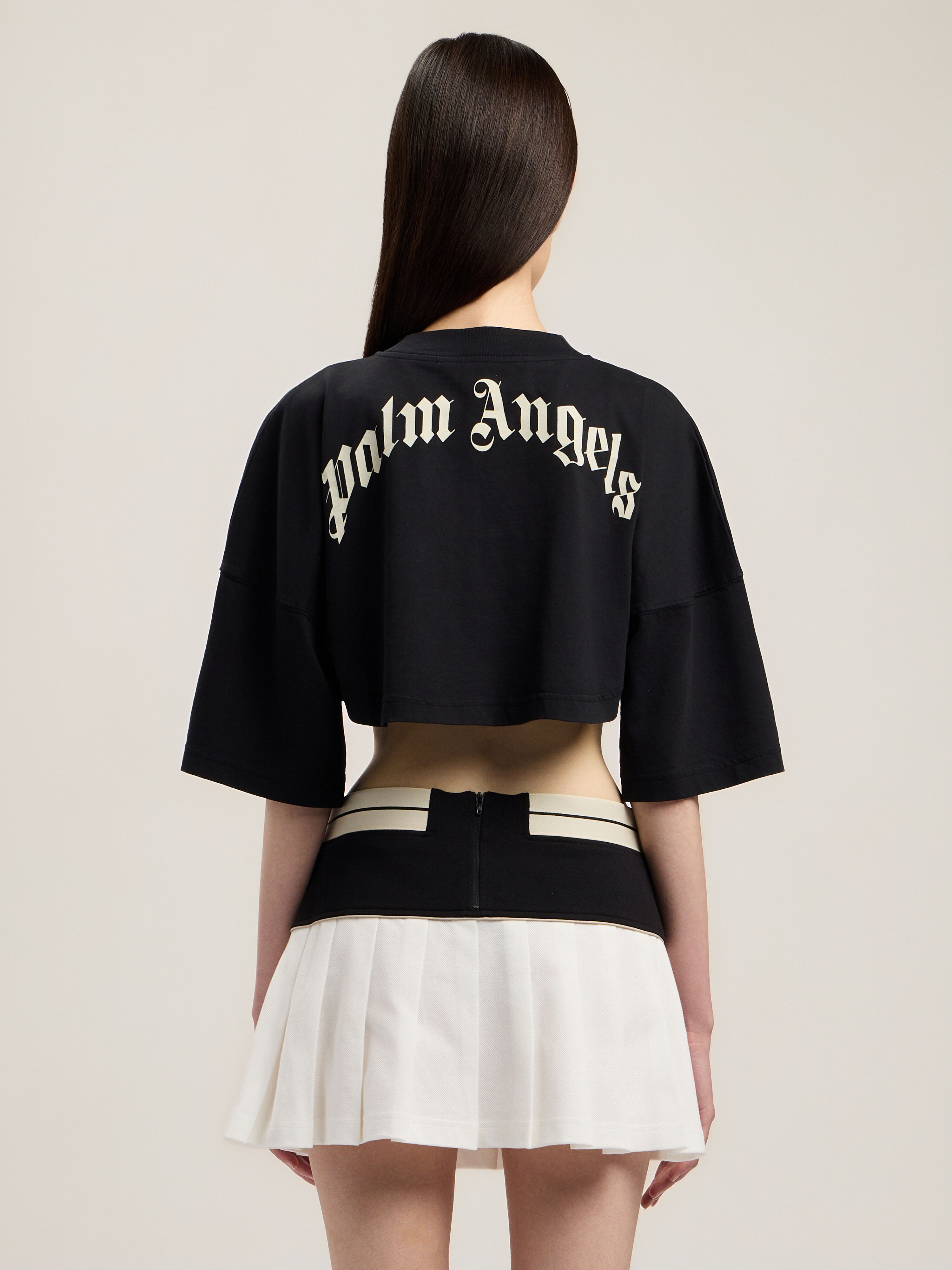 PALM ANGELS Back Curved Logo Mini T-Shirt BLACK CREAM PWAA054S26JER001